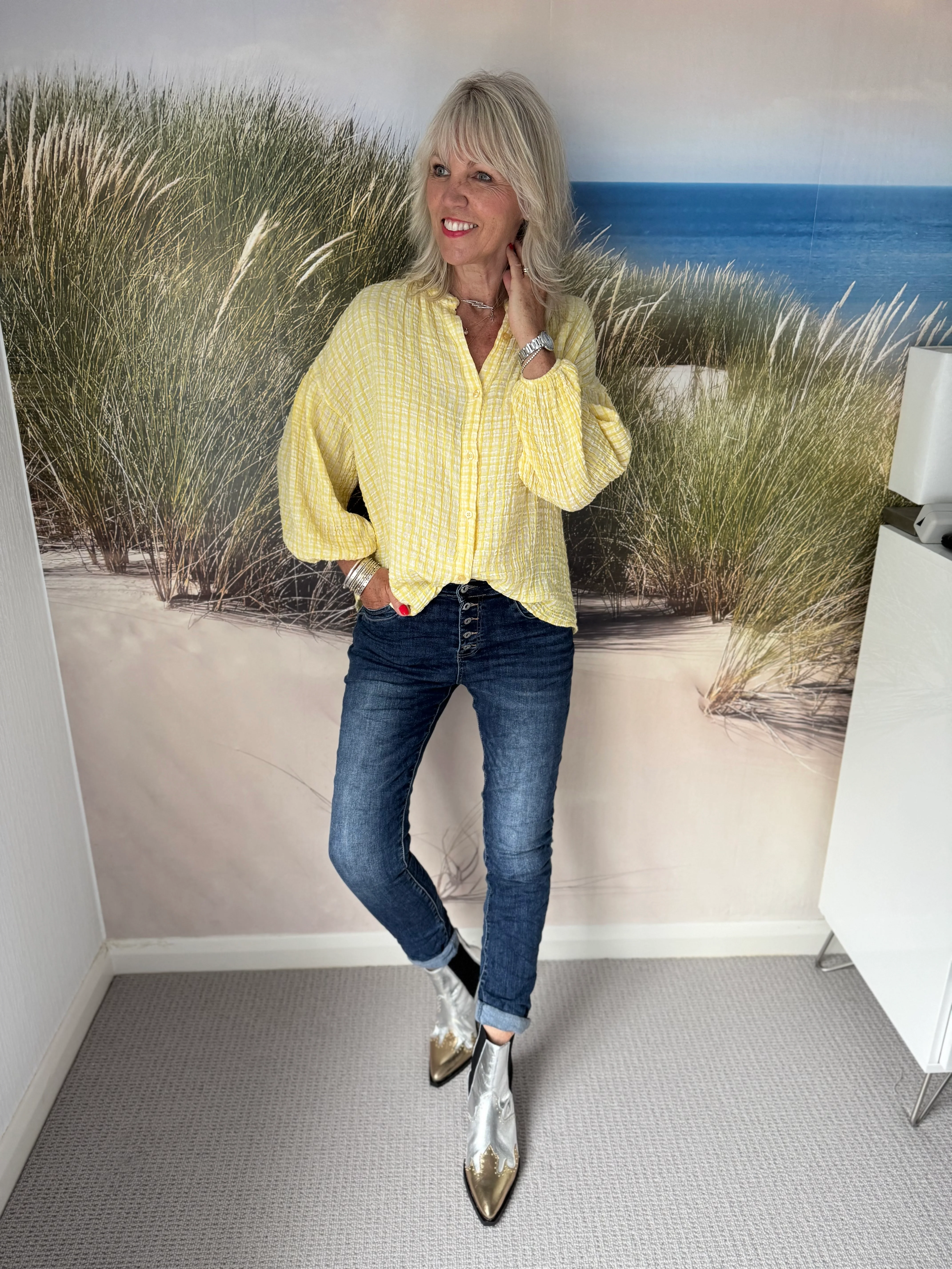 Gingham Seersucker Blouse in Lemon - Image 4