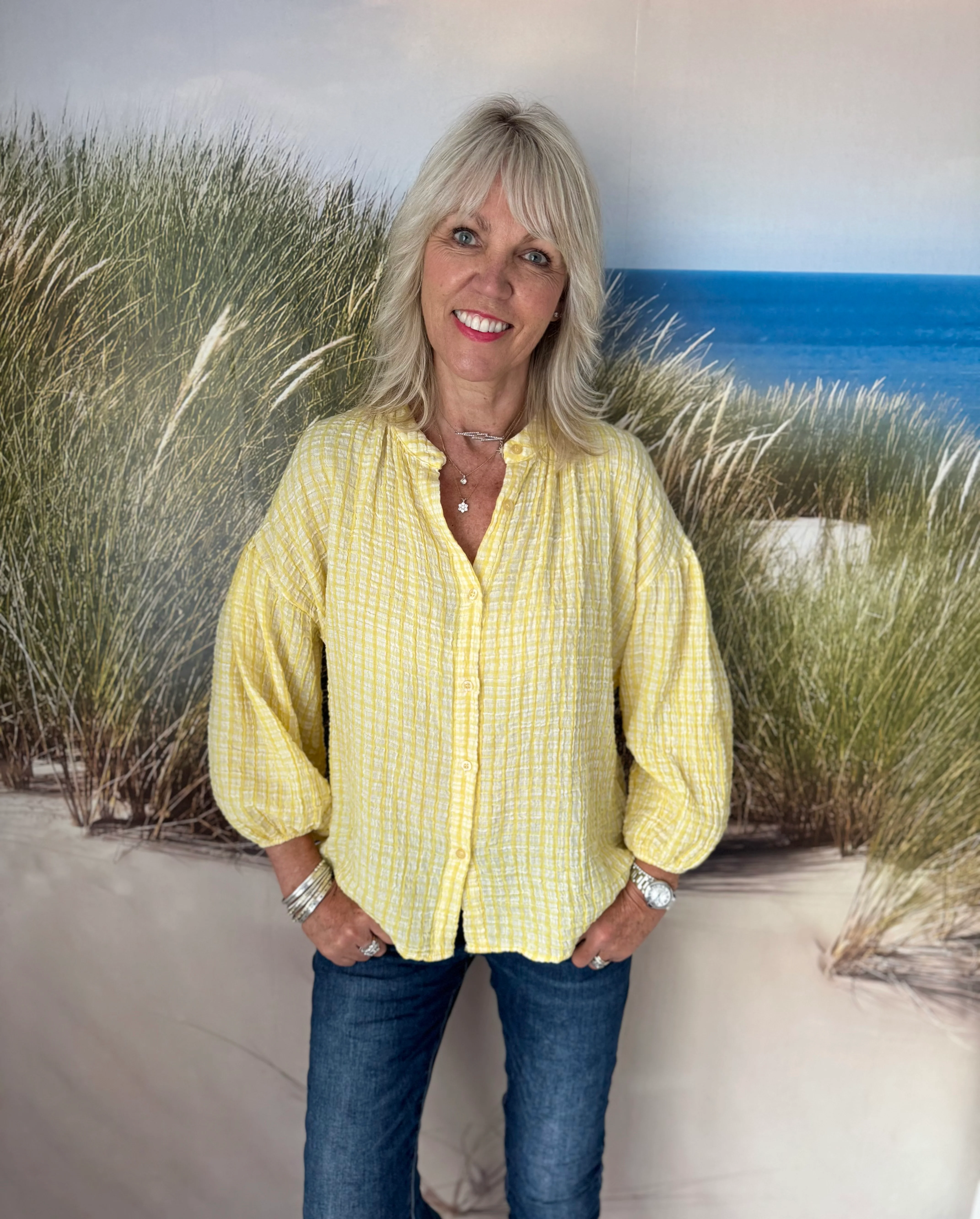 Gingham Seersucker Blouse in Lemon - Image 5