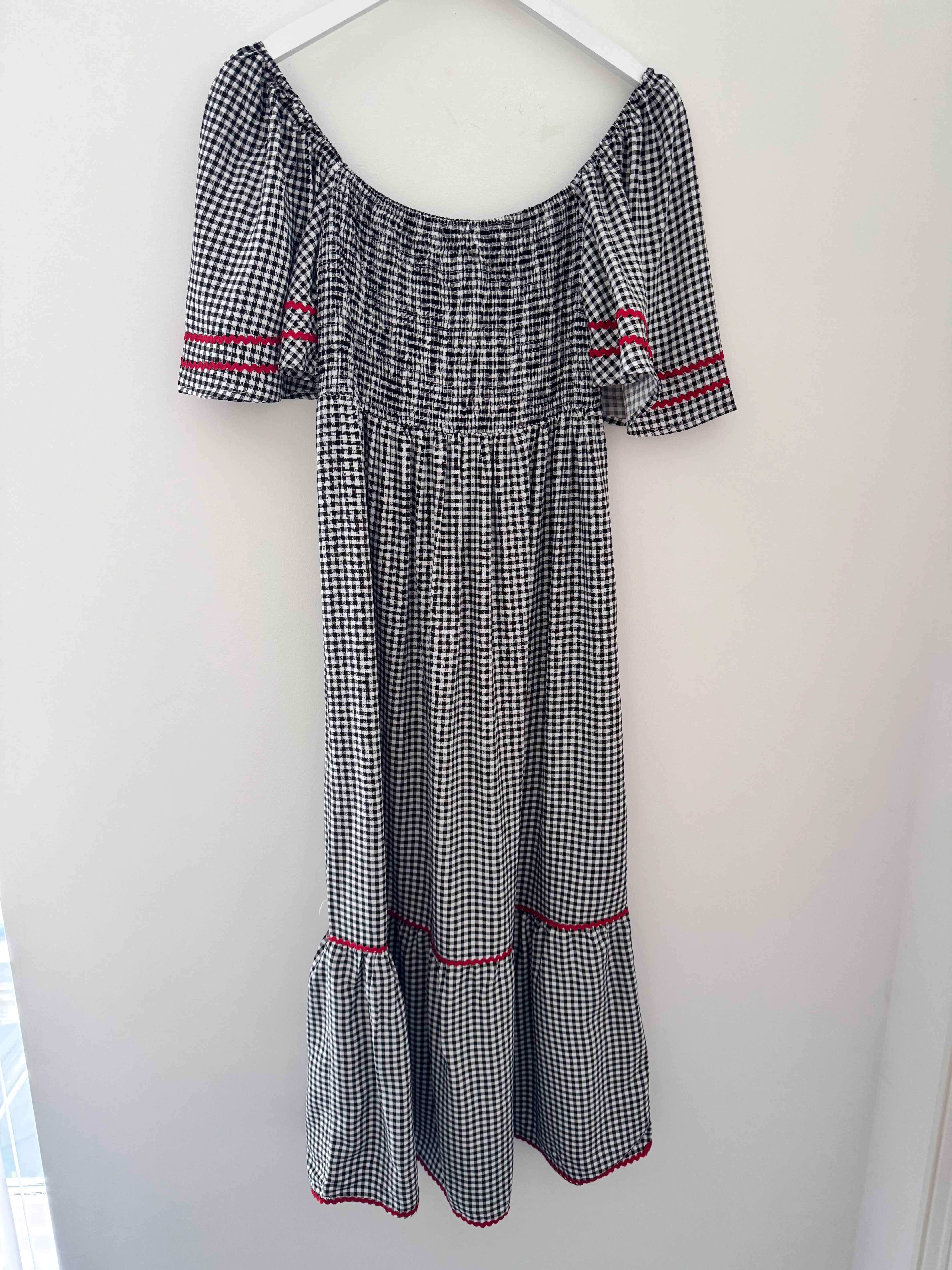 Gingham Dress with Bell Sleeves in Black & White - Image 11