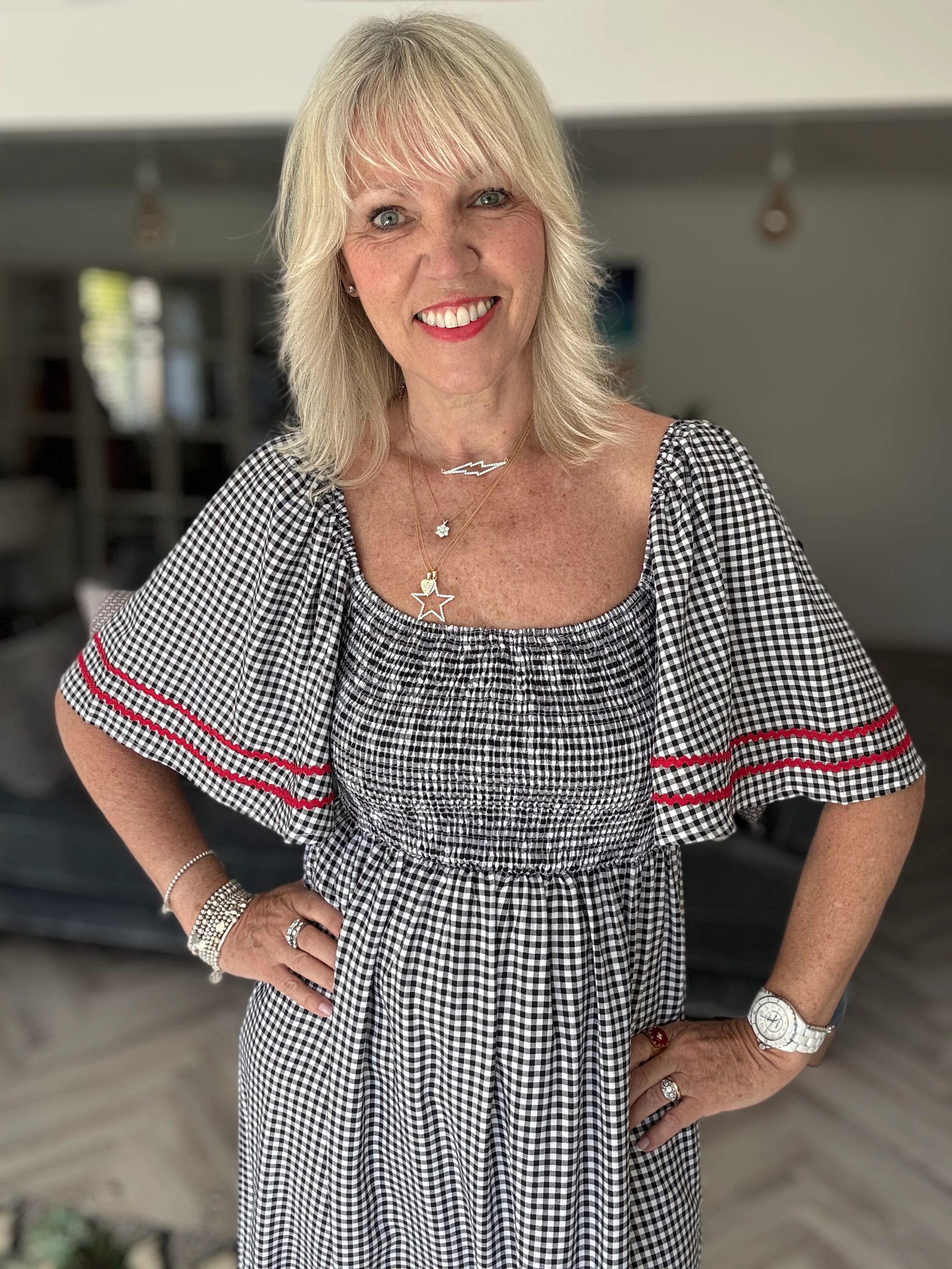 Gingham Dress with Bell Sleeves in Black & White - Image 3