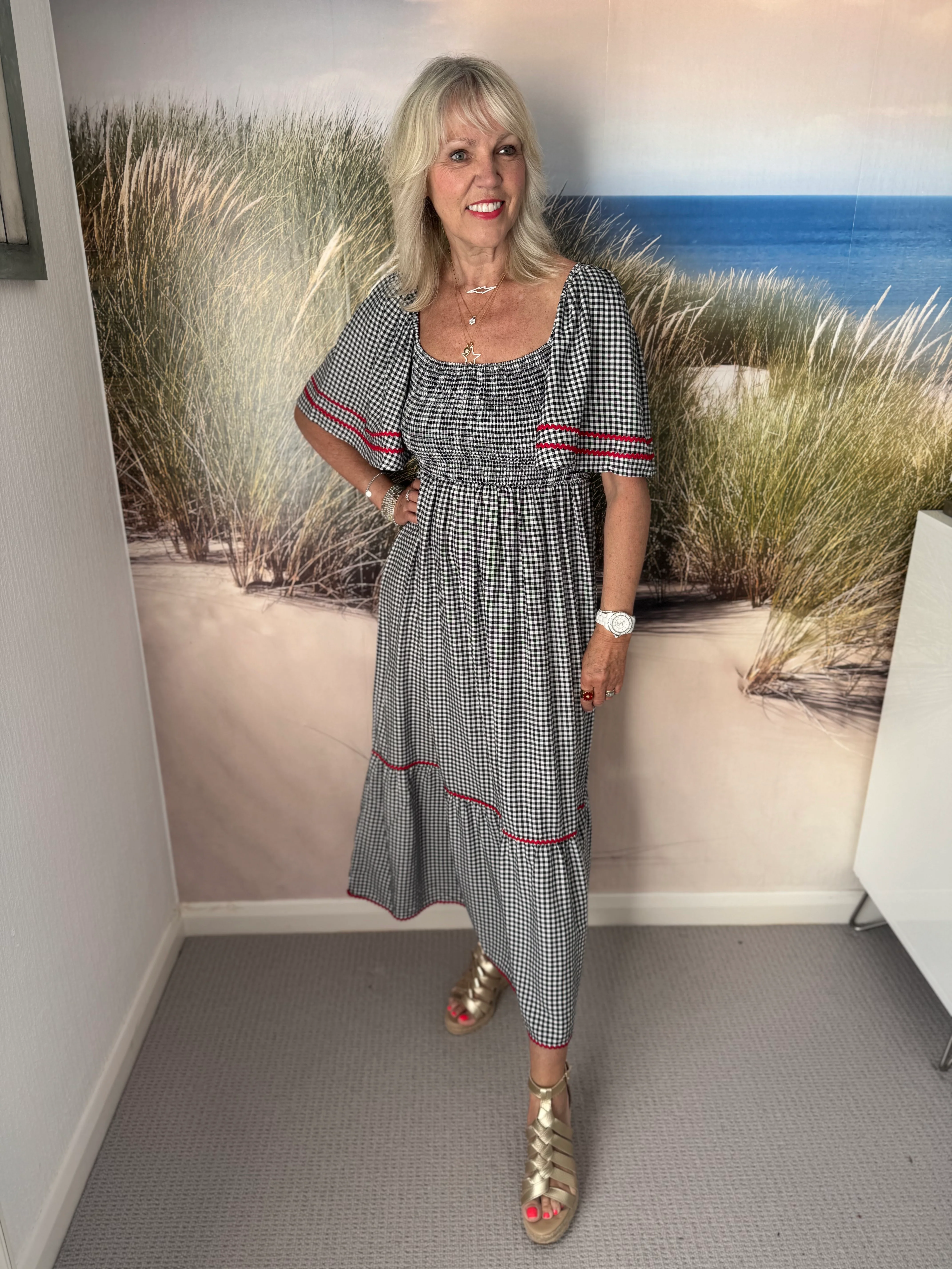 Gingham Dress with Bell Sleeves in Black & White - Image 4