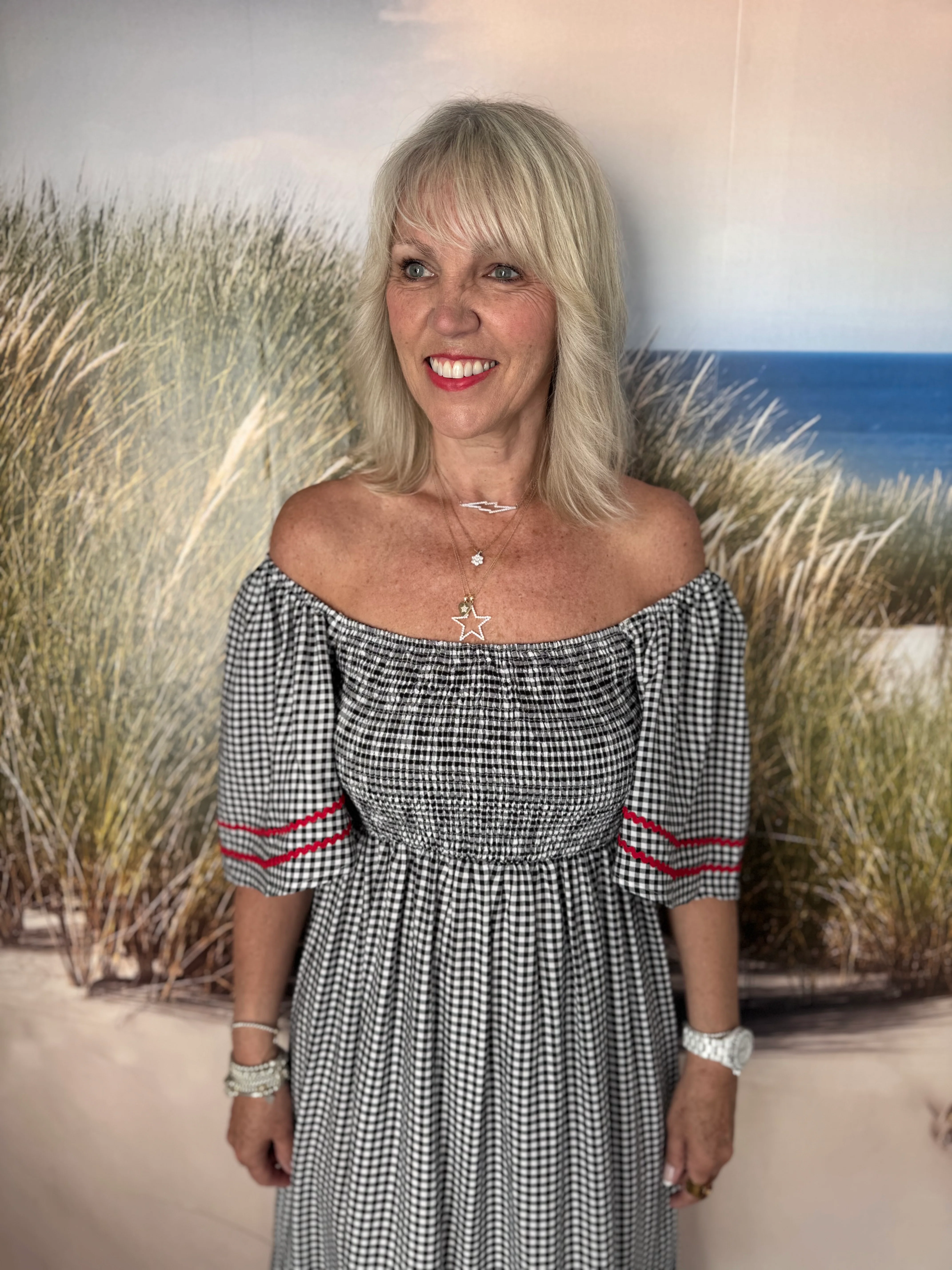 Gingham Dress with Bell Sleeves in Black & White - Image 5