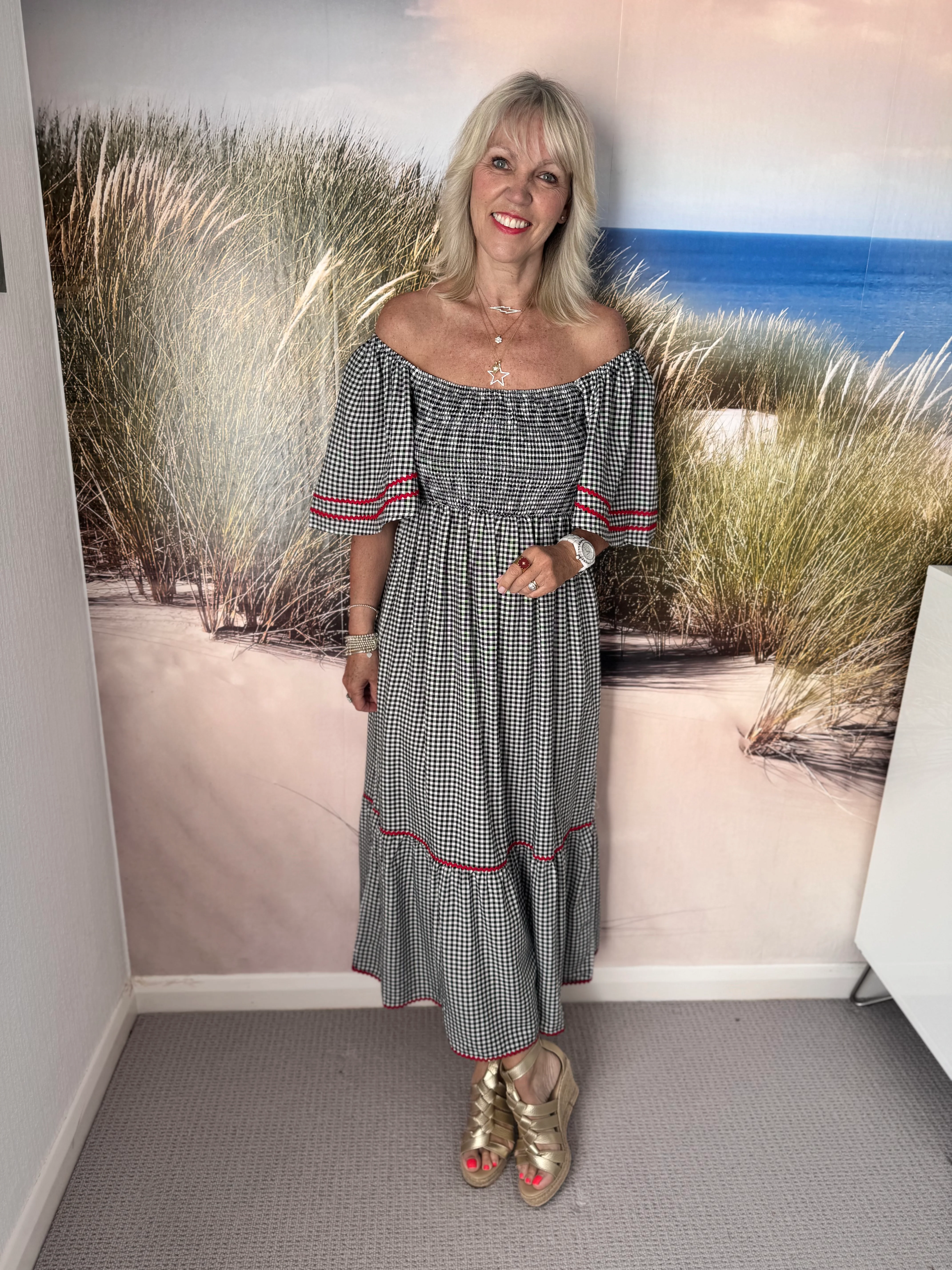 Gingham Dress with Bell Sleeves in Black & White - Image 6
