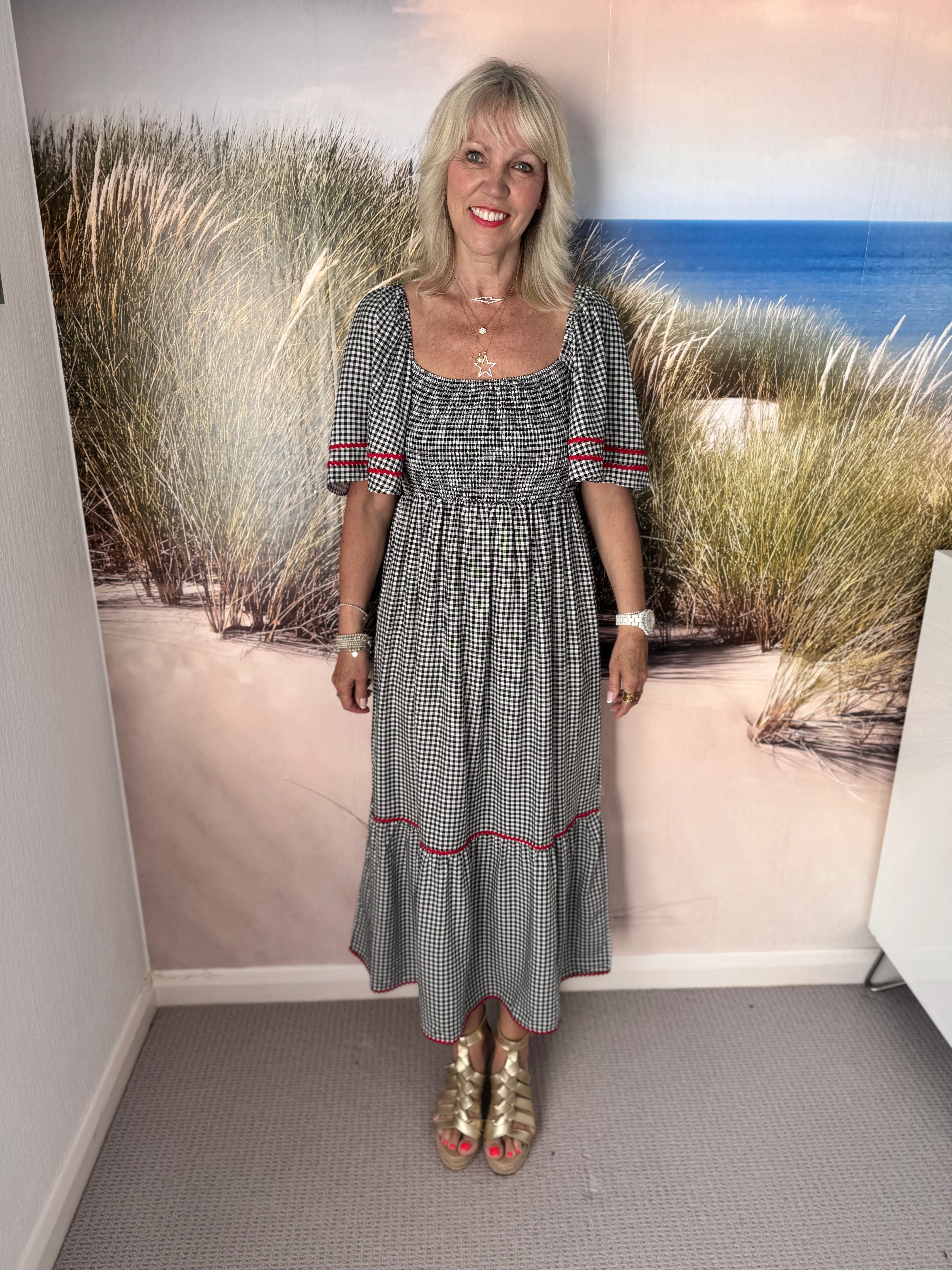 Gingham Dress with Bell Sleeves in Black & White - Image 8