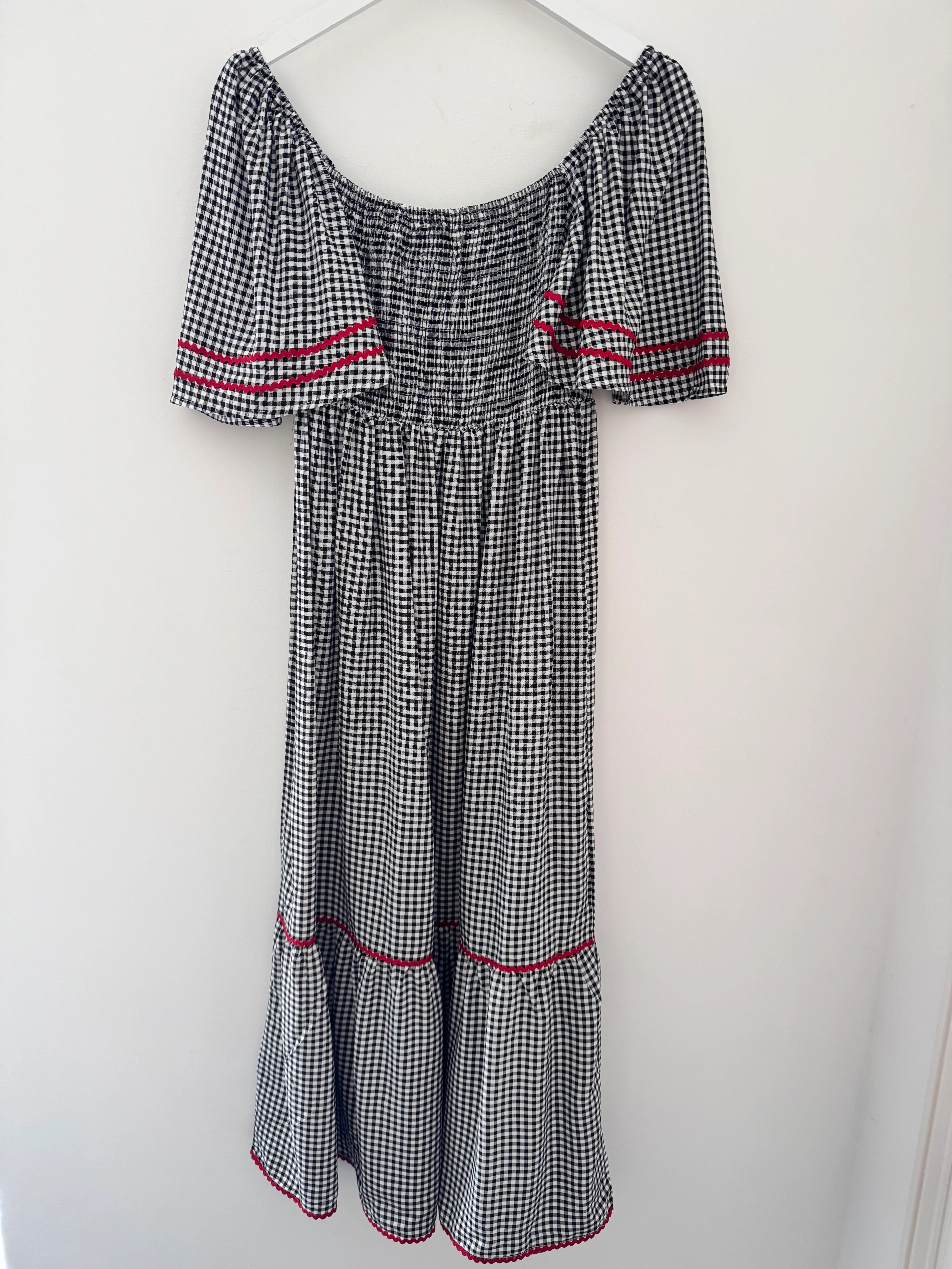 Gingham Dress with Bell Sleeves in Black & White - Image 9