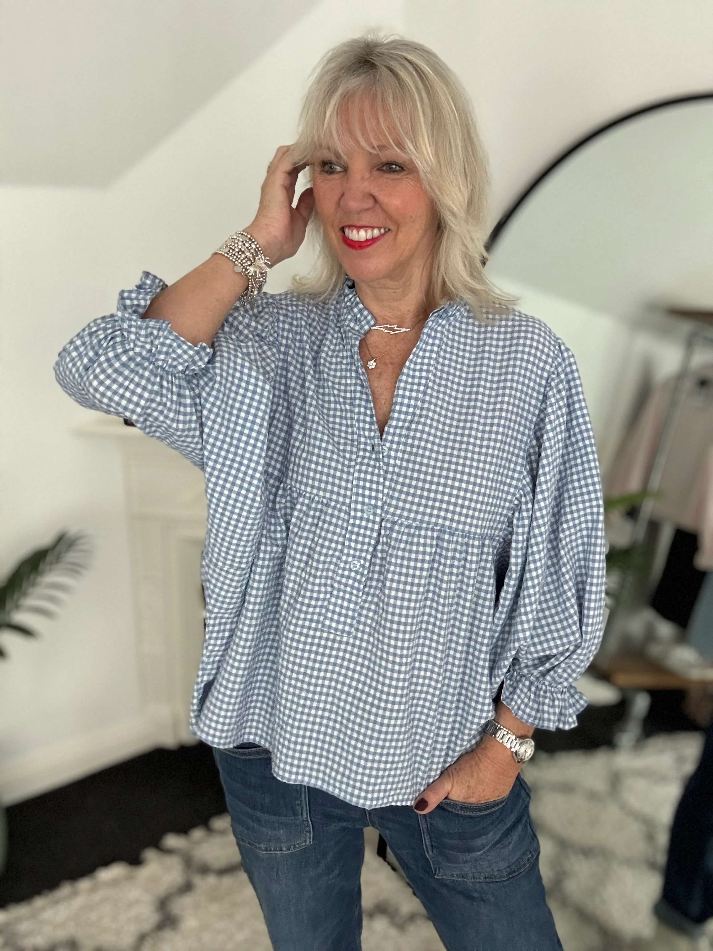 Gingham Seersucker Blouse in Blue