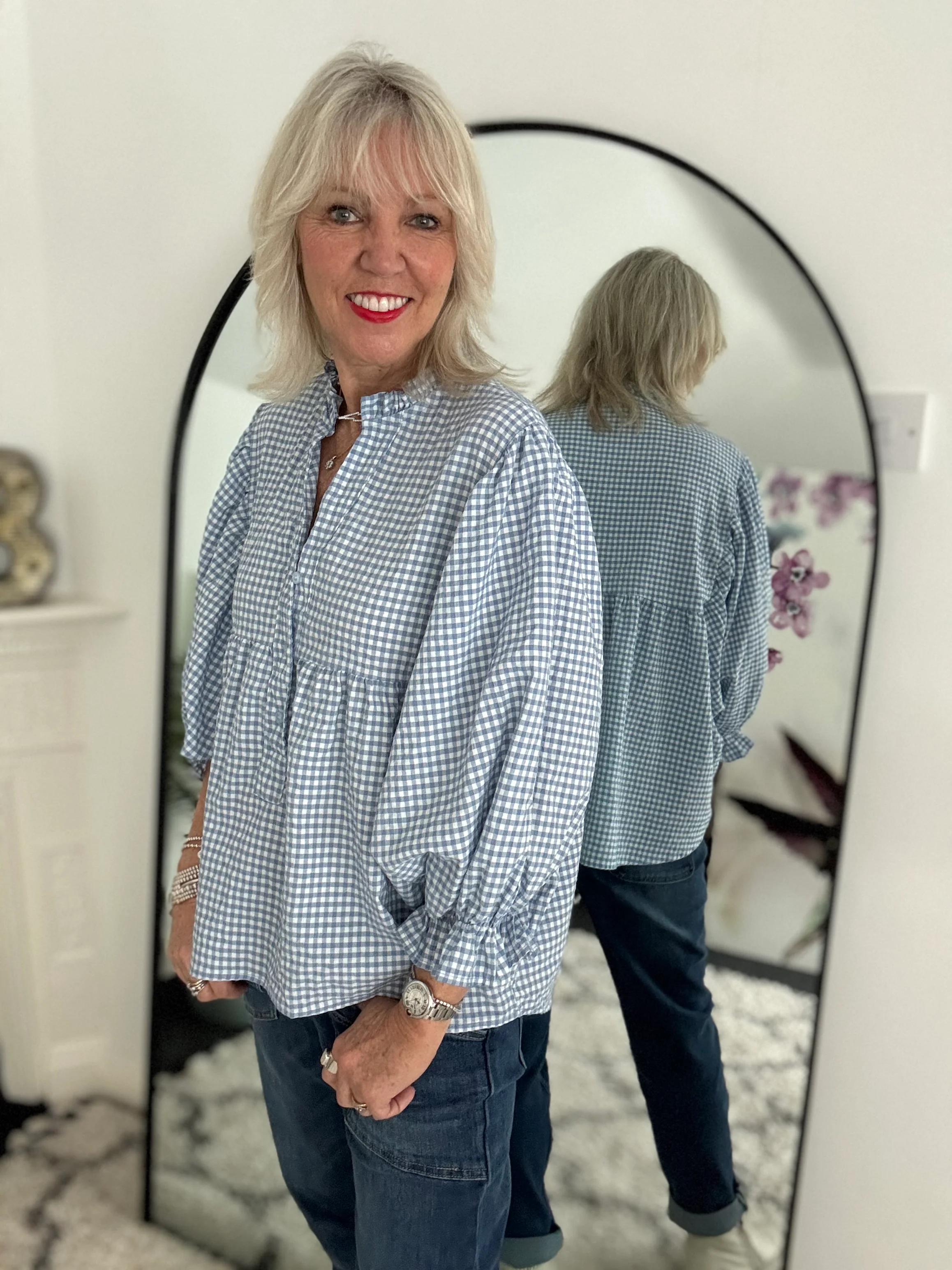 Gingham Seersucker Blouse in Blue - Image 3