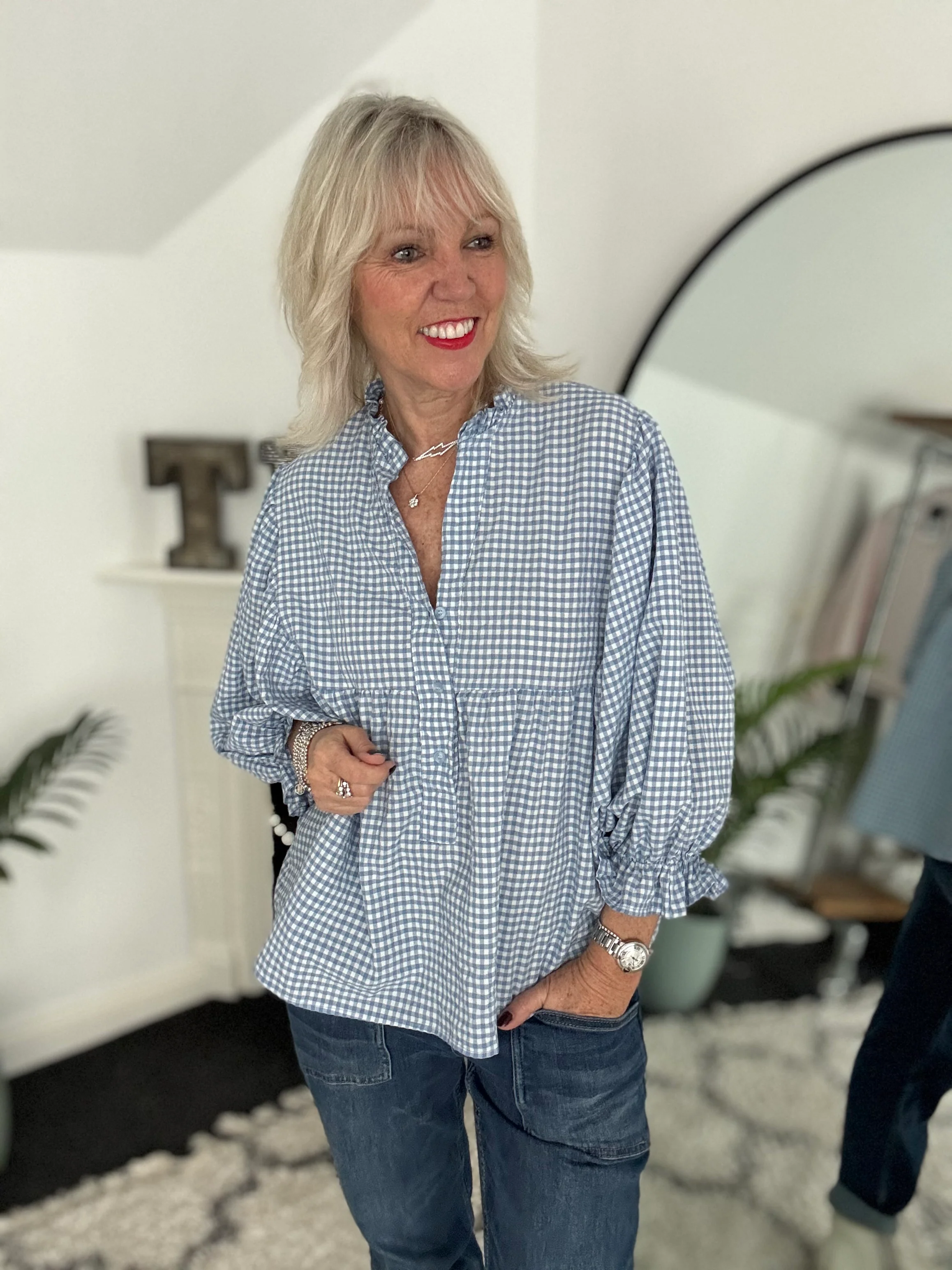 Gingham Seersucker Blouse in Blue - Image 4