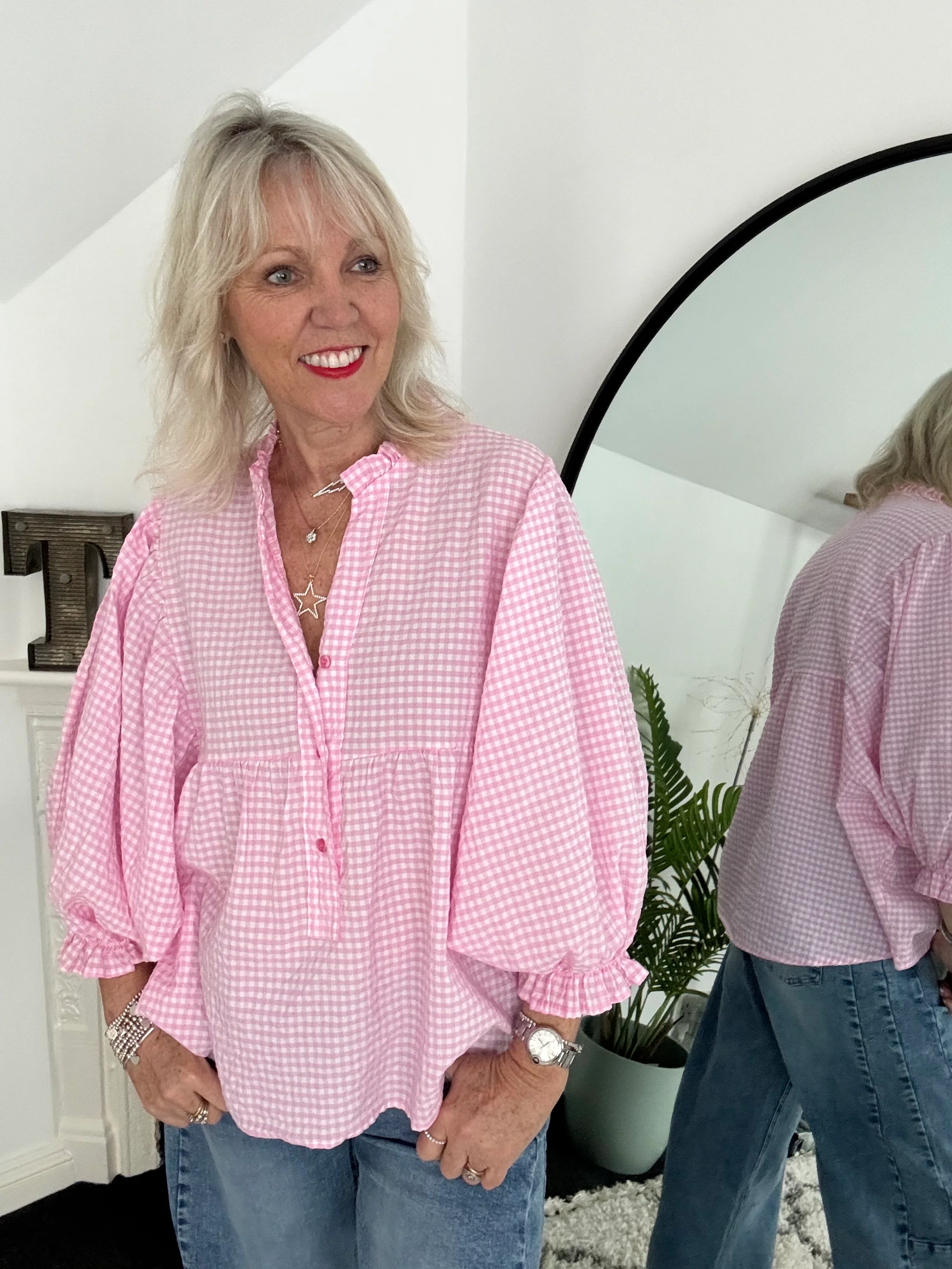 Gingham Seersucker Blouse in Candy Pink - Image 3