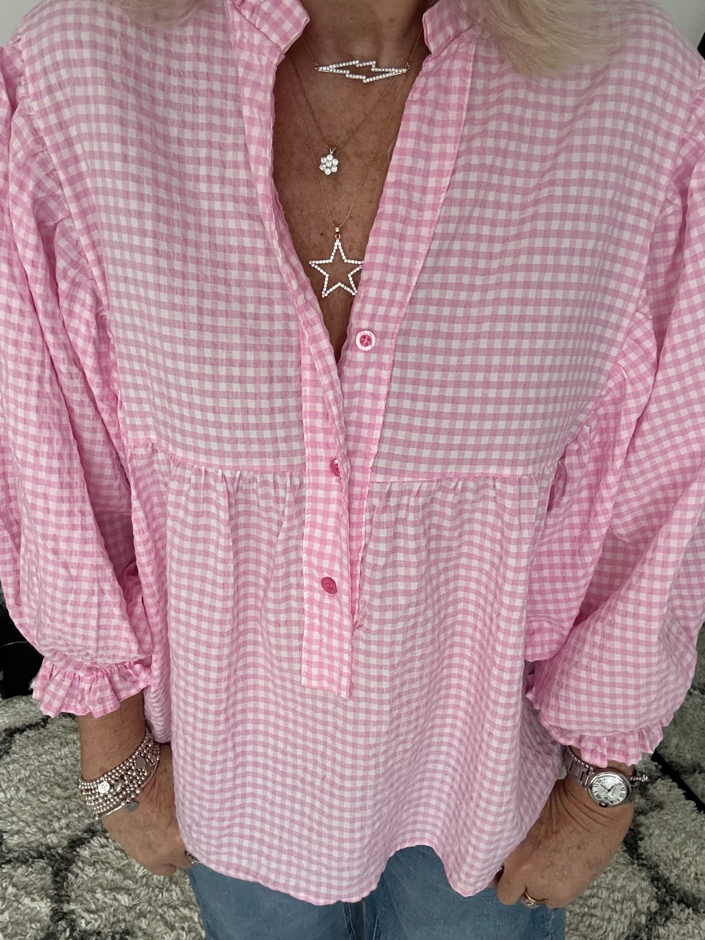 Gingham Seersucker Blouse in Candy Pink - Image 4