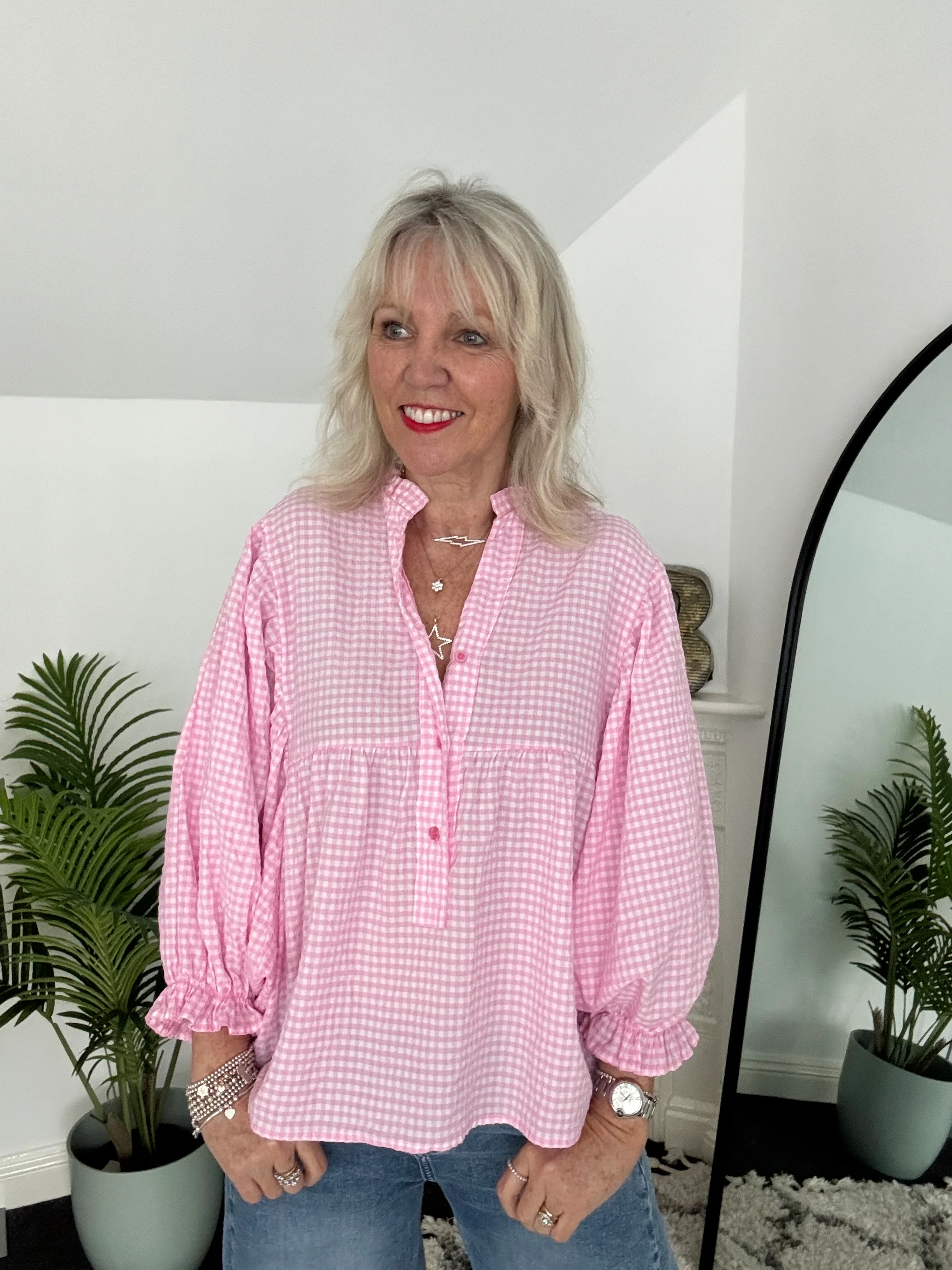 Gingham Seersucker Blouse in Candy Pink - Image 5