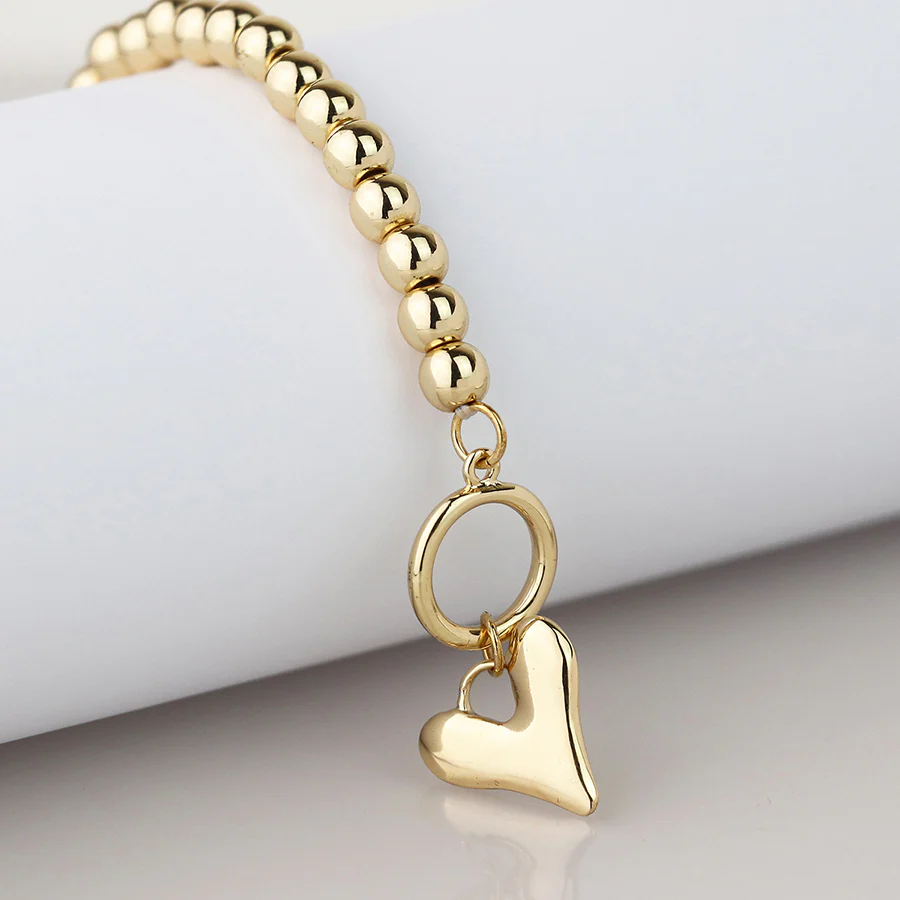Gold Bead T-Bar & Heart Charm Stretch Bracelet - Image 3