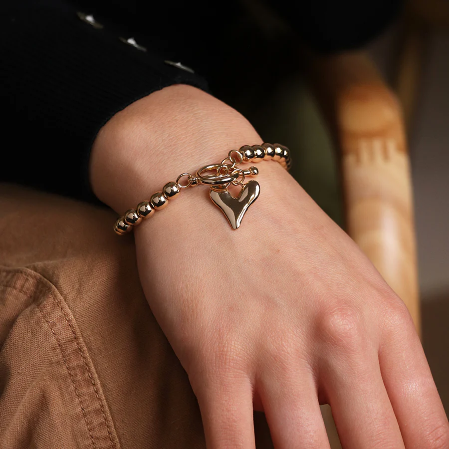 Gold Bead T-Bar & Heart Charm Stretch Bracelet - Image 4