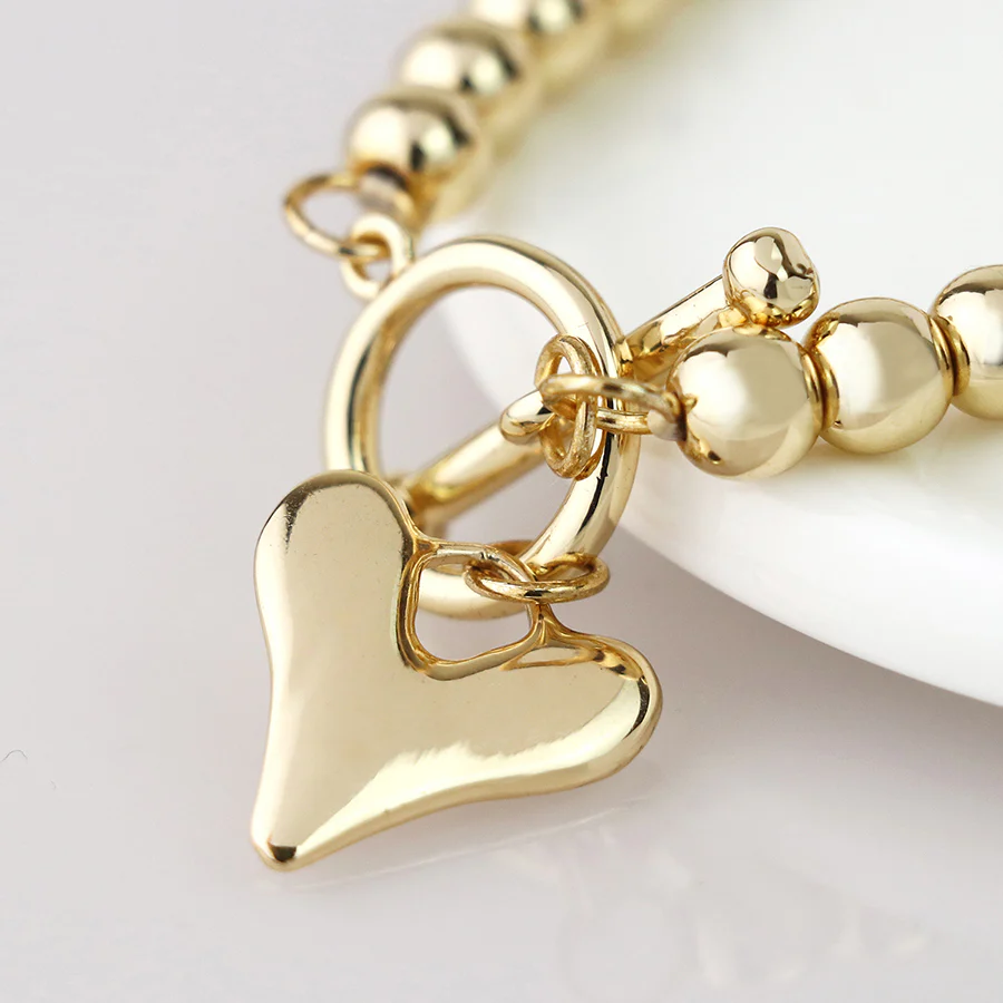 Gold Bead T-Bar & Heart Charm Stretch Bracelet - Image 5