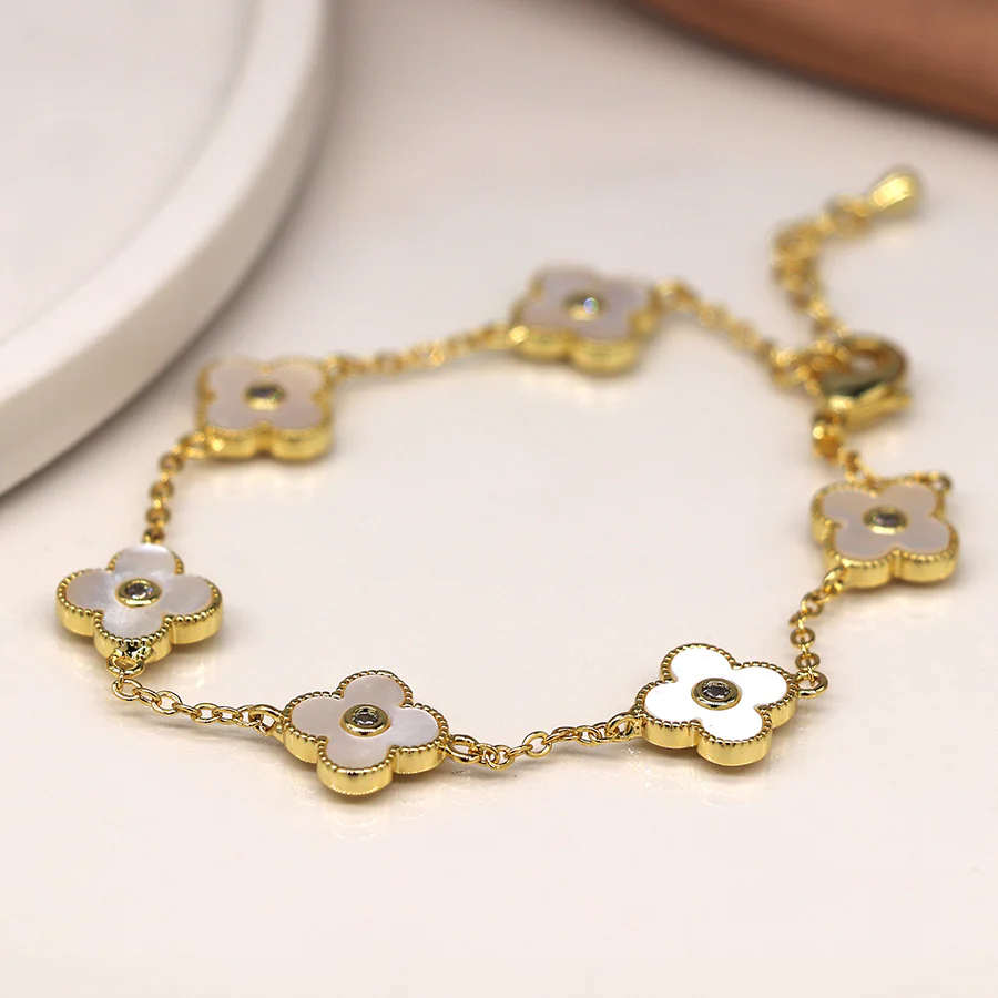 Gold Bracelet with Mother of Pearl Clover Charms - Image 3