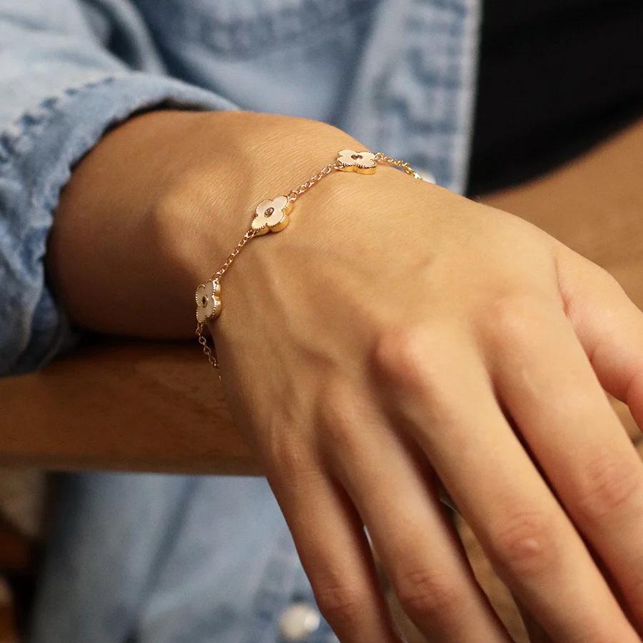 Gold Bracelet with Mother of Pearl Clover Charms - Image 4