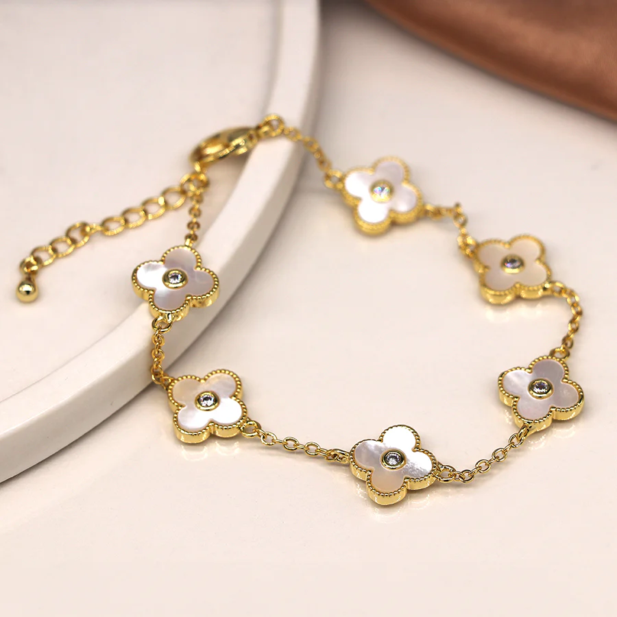 Gold Bracelet with Mother of Pearl Clover Charms - Image 5