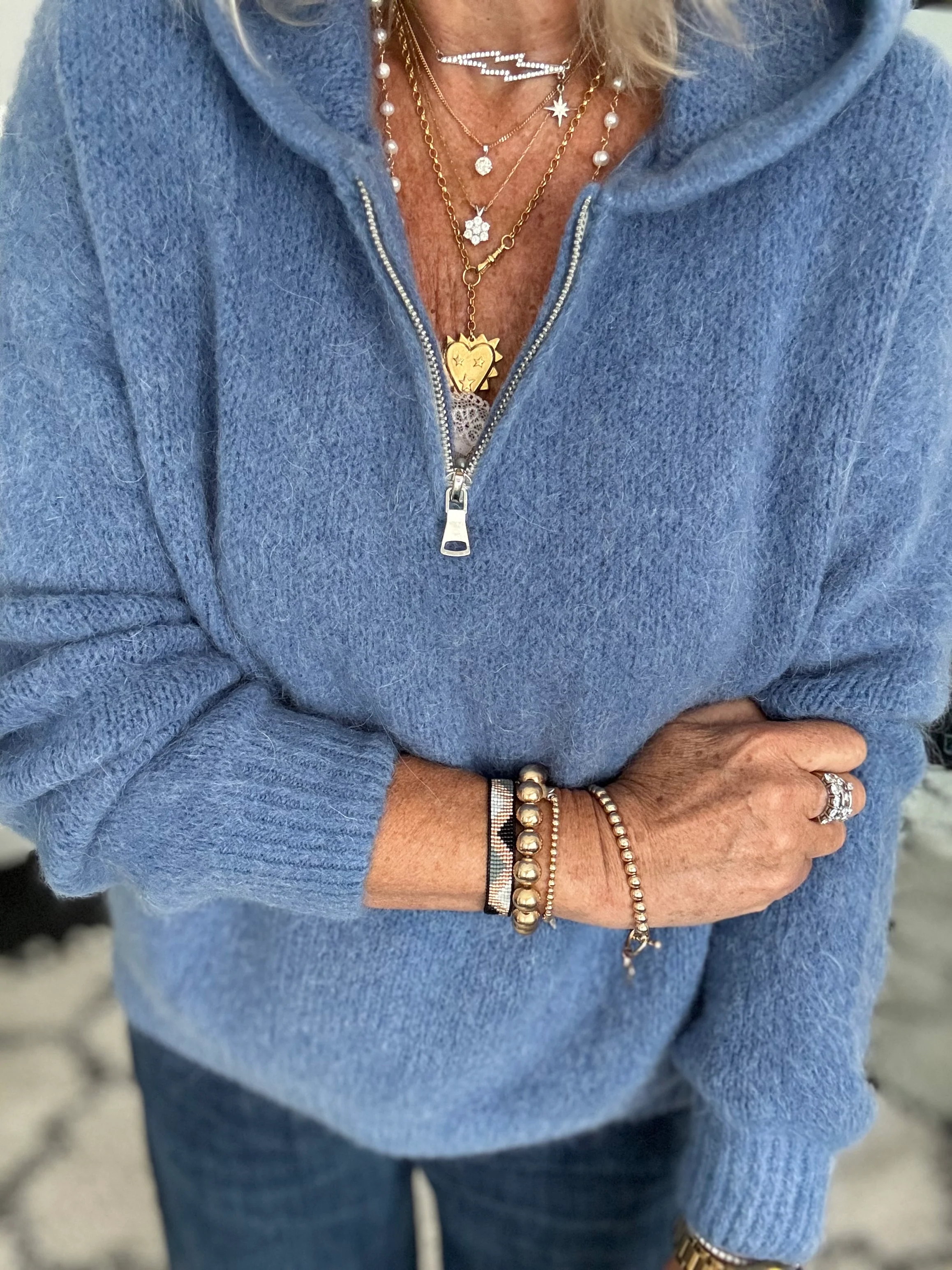 Hooded Mohair Jumper in Denim Blue - Image 2