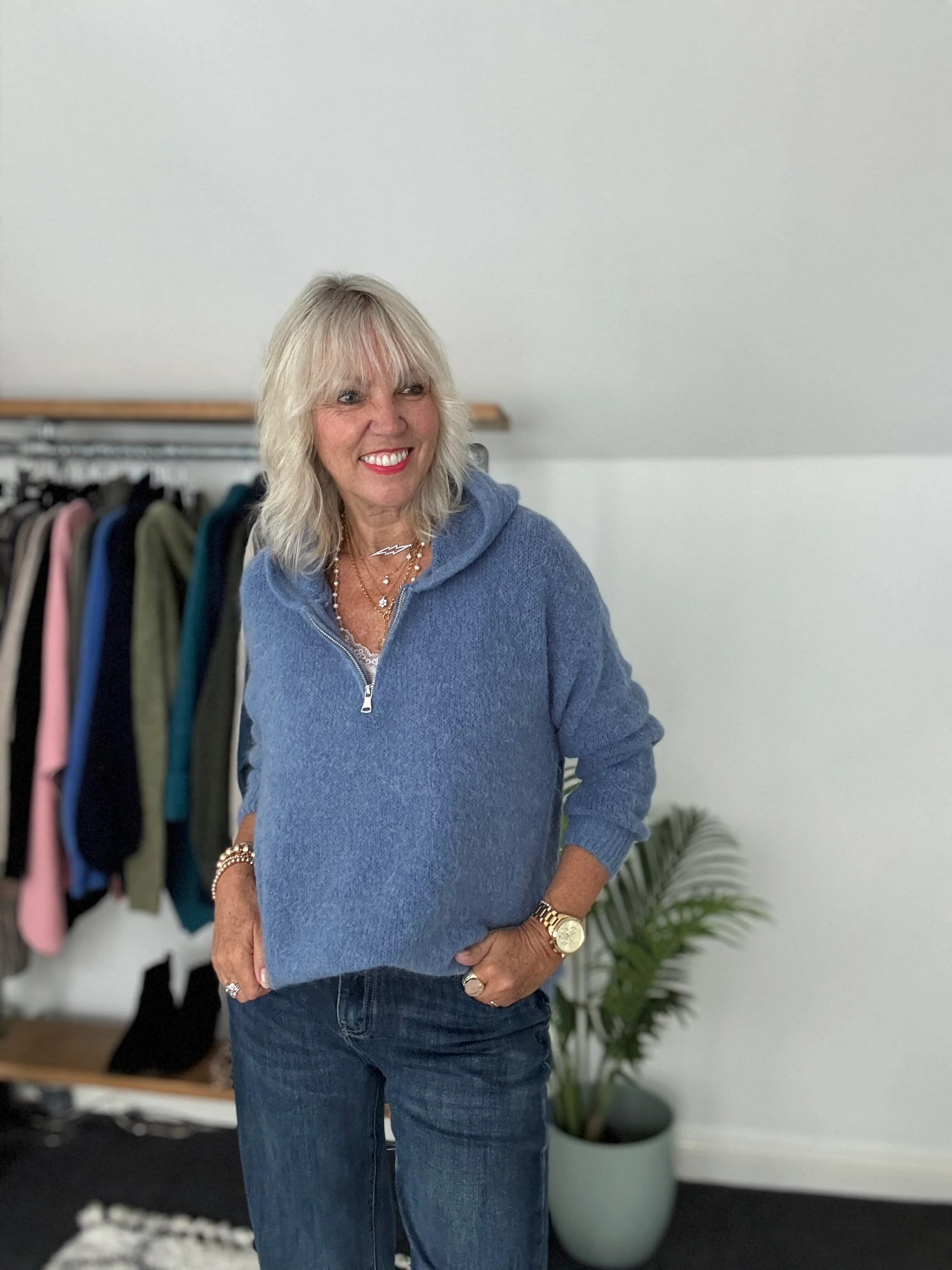 Hooded Mohair Jumper in Denim Blue - Image 3