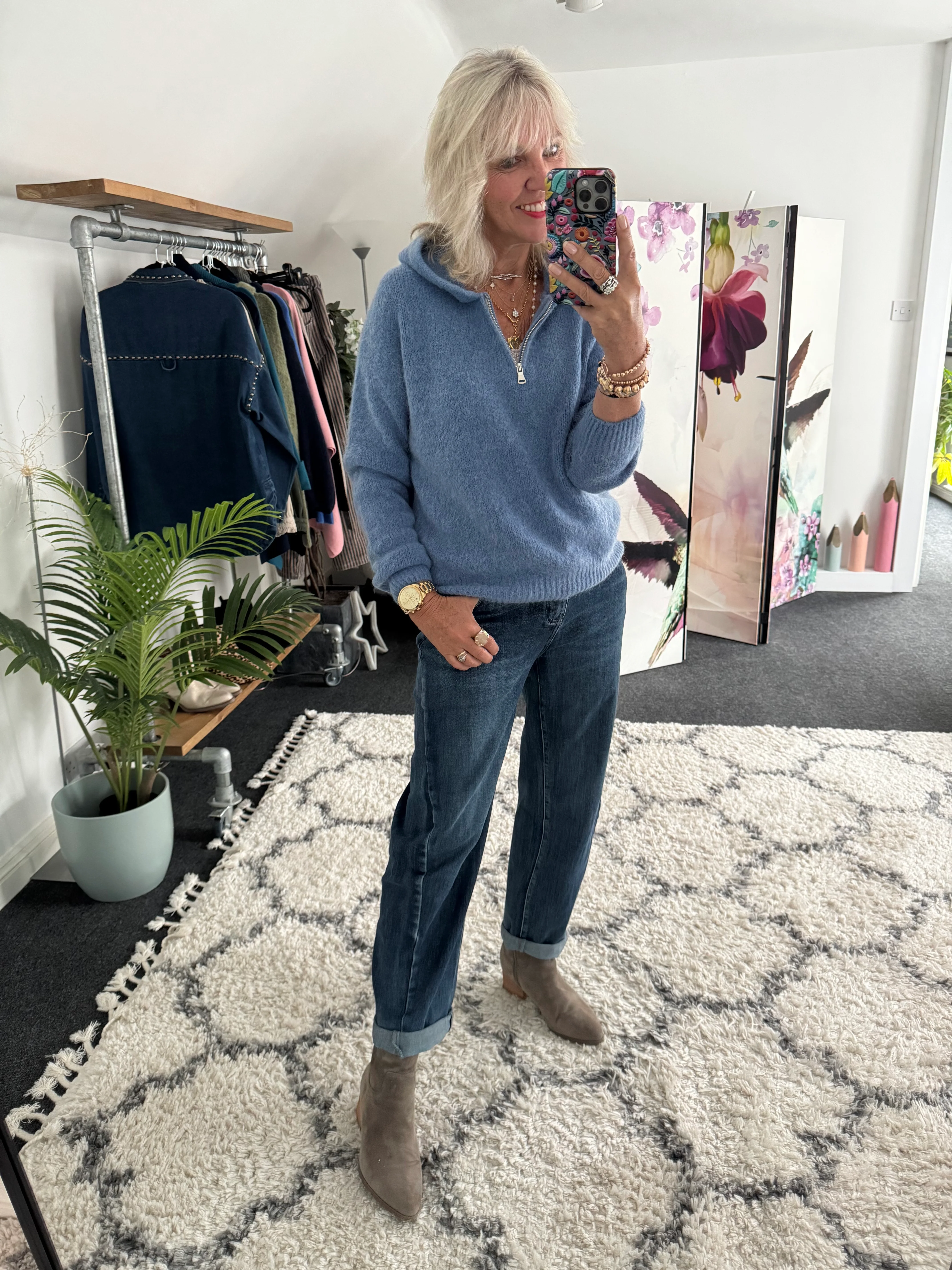 Hooded Mohair Jumper in Denim Blue - Image 4