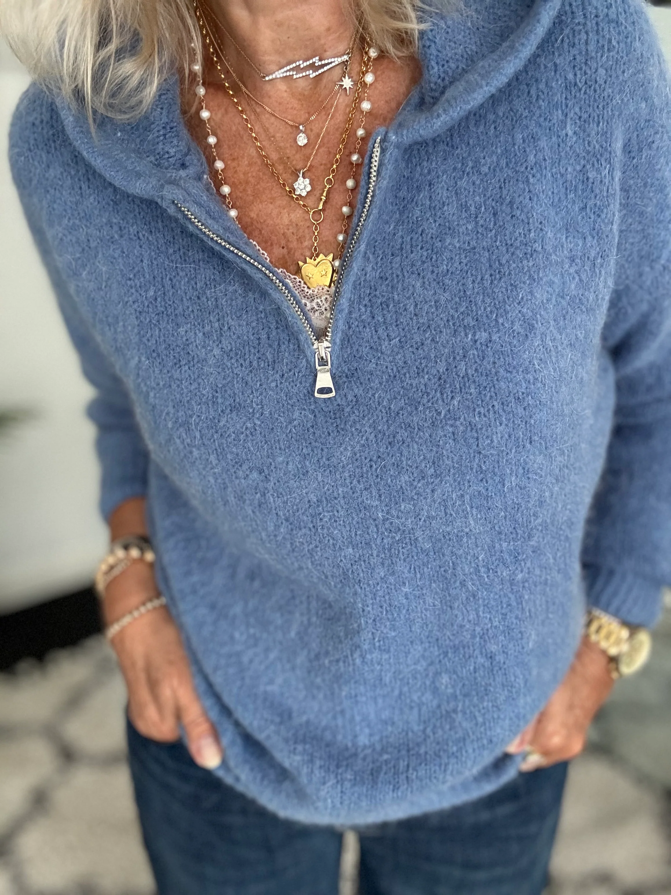 Hooded Mohair Jumper in Denim Blue - Image 5