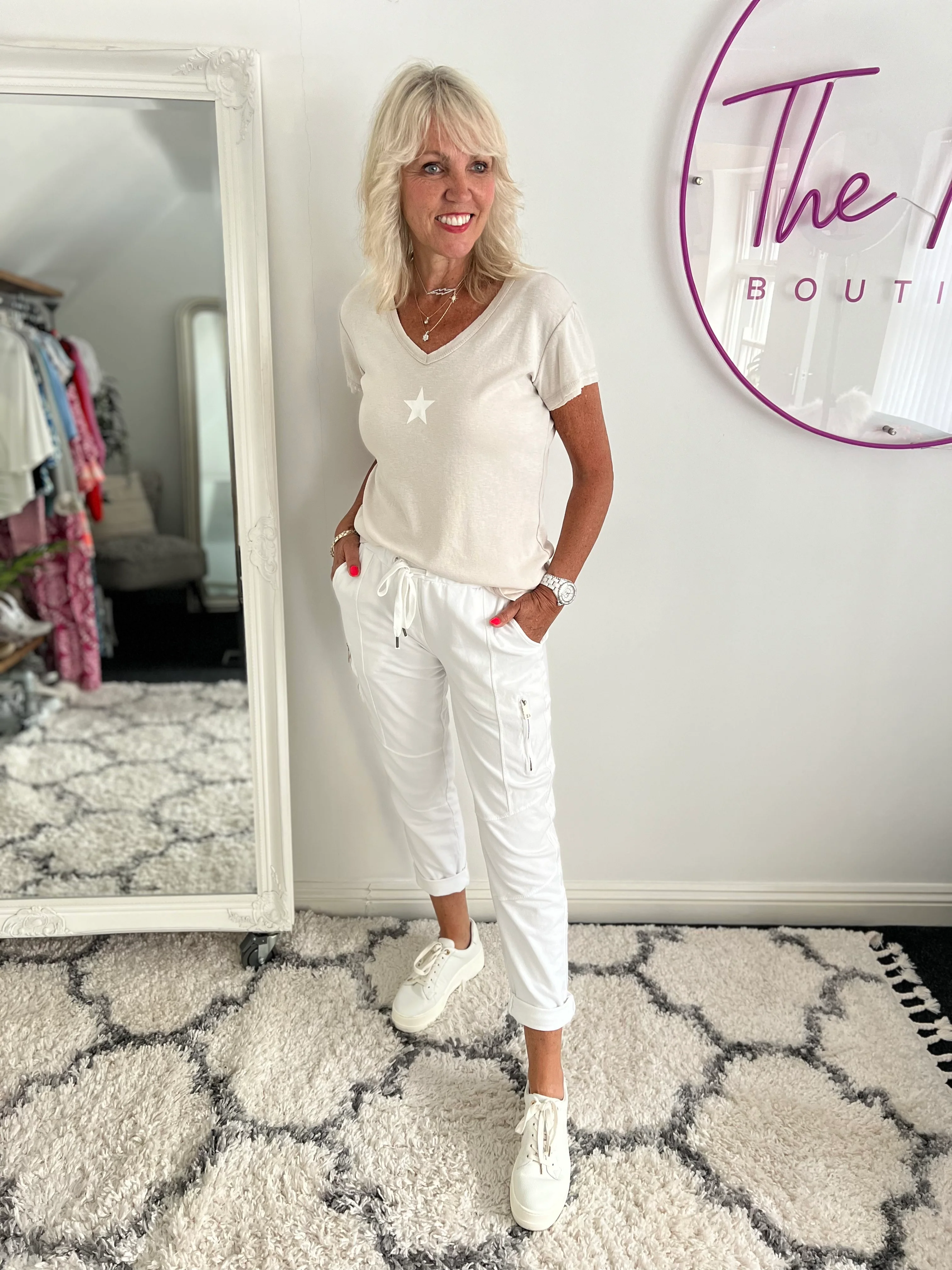 Jersey Stretch Joggers in White - Image 2