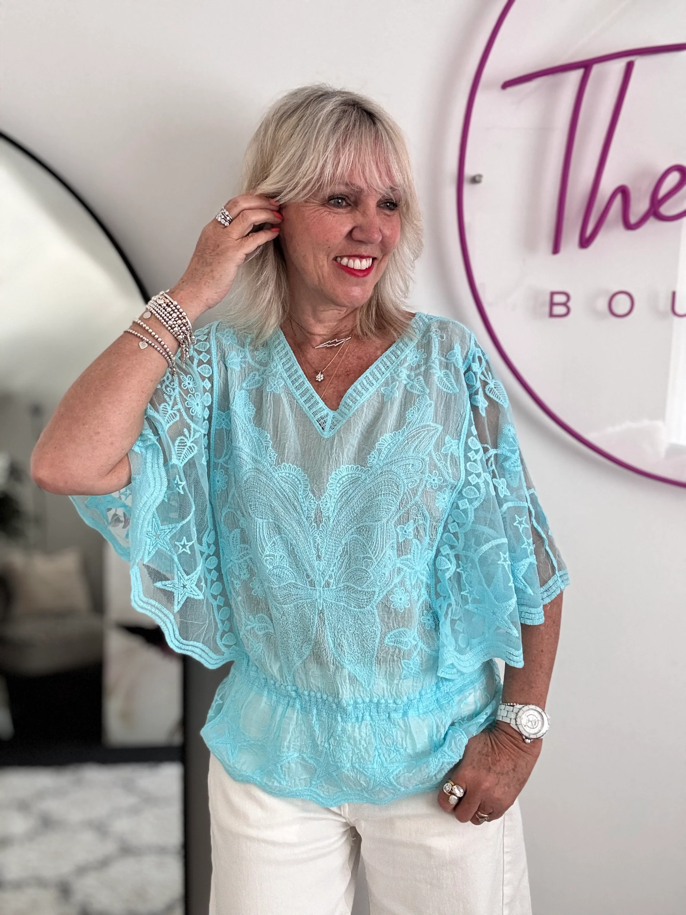 Lace Butterfly & Star Top in Aqua