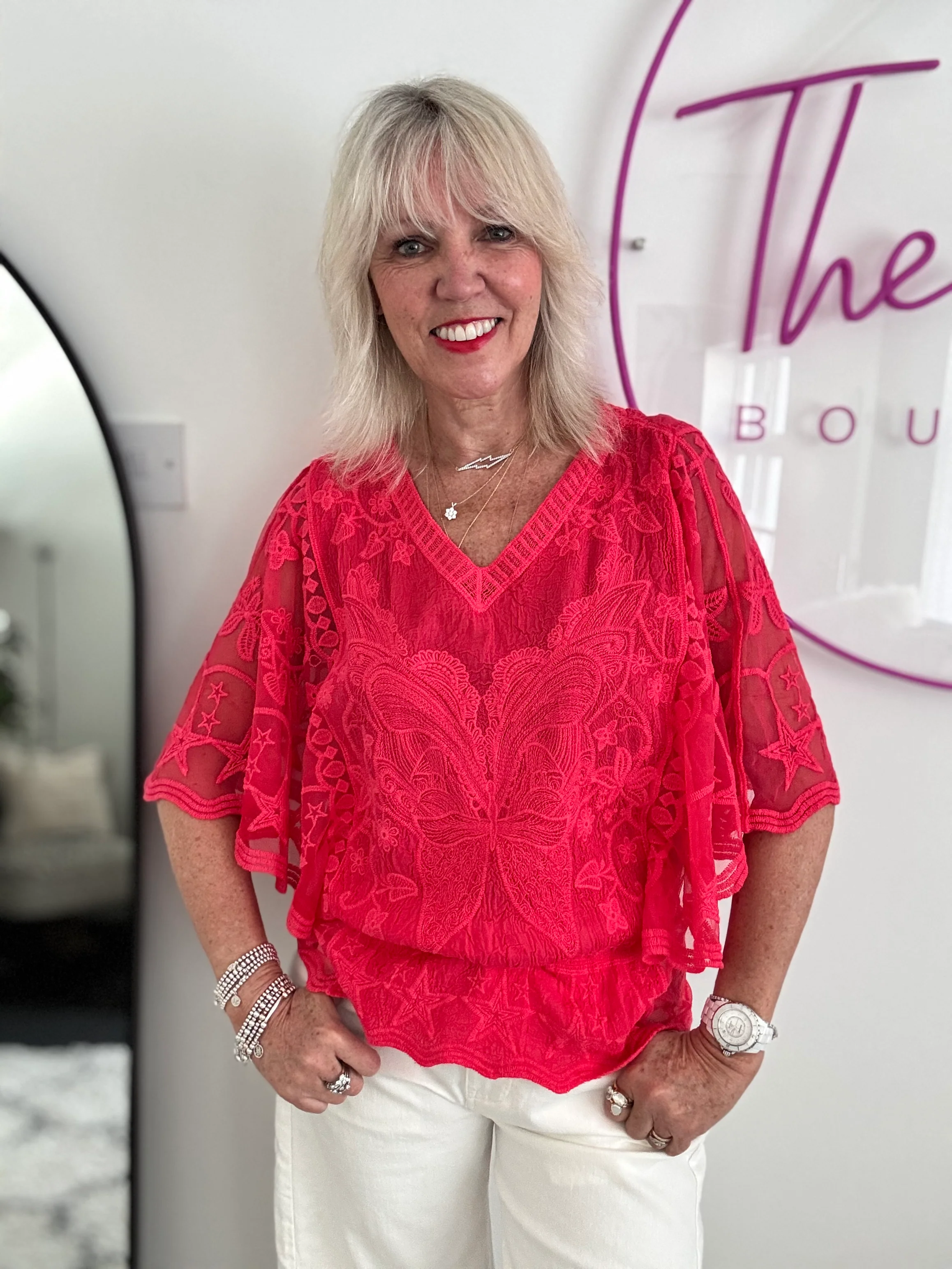 Lace Butterfly & Star Top in Coral Red