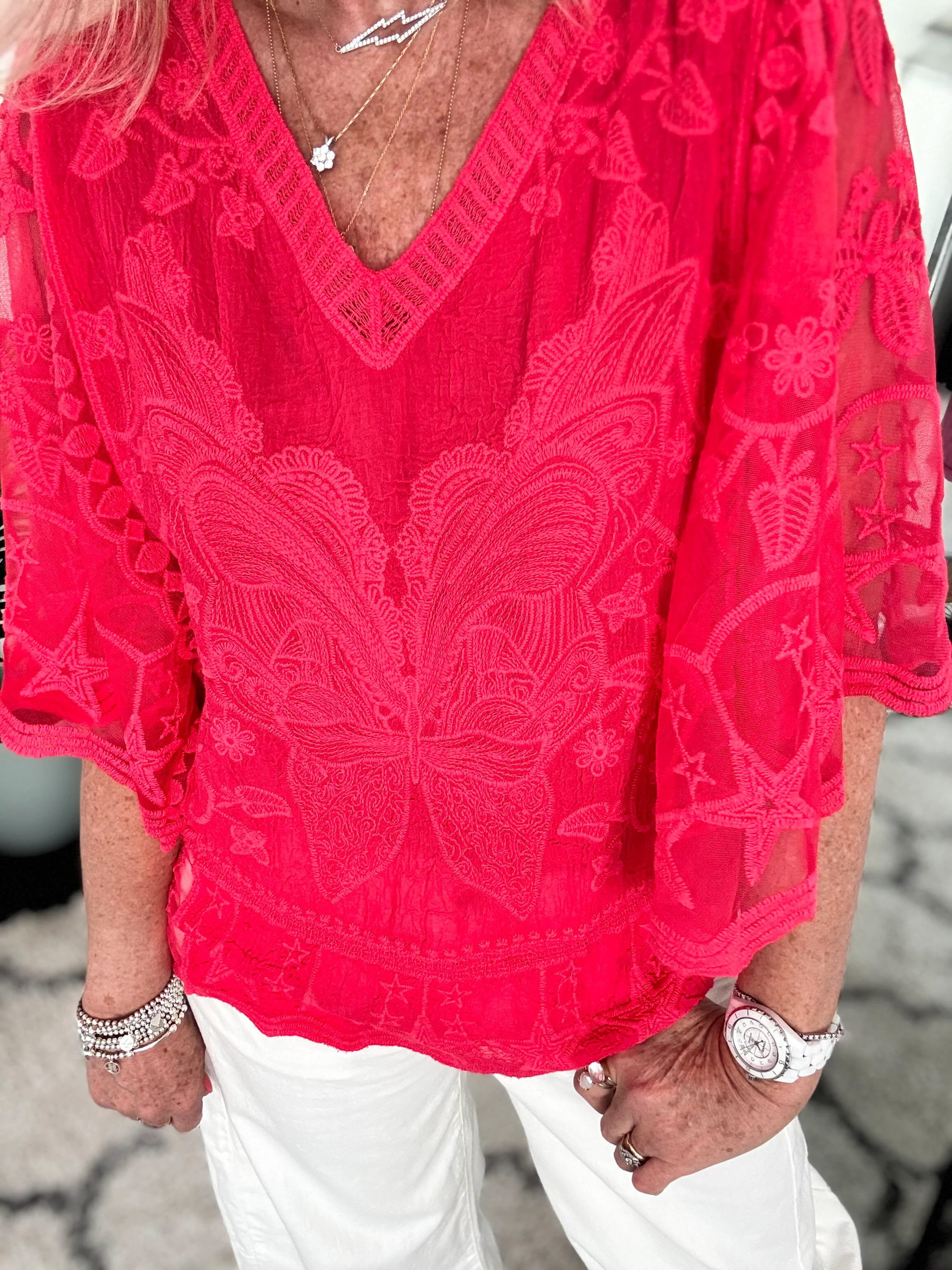 Lace Butterfly & Star Top in Coral Red - Image 2