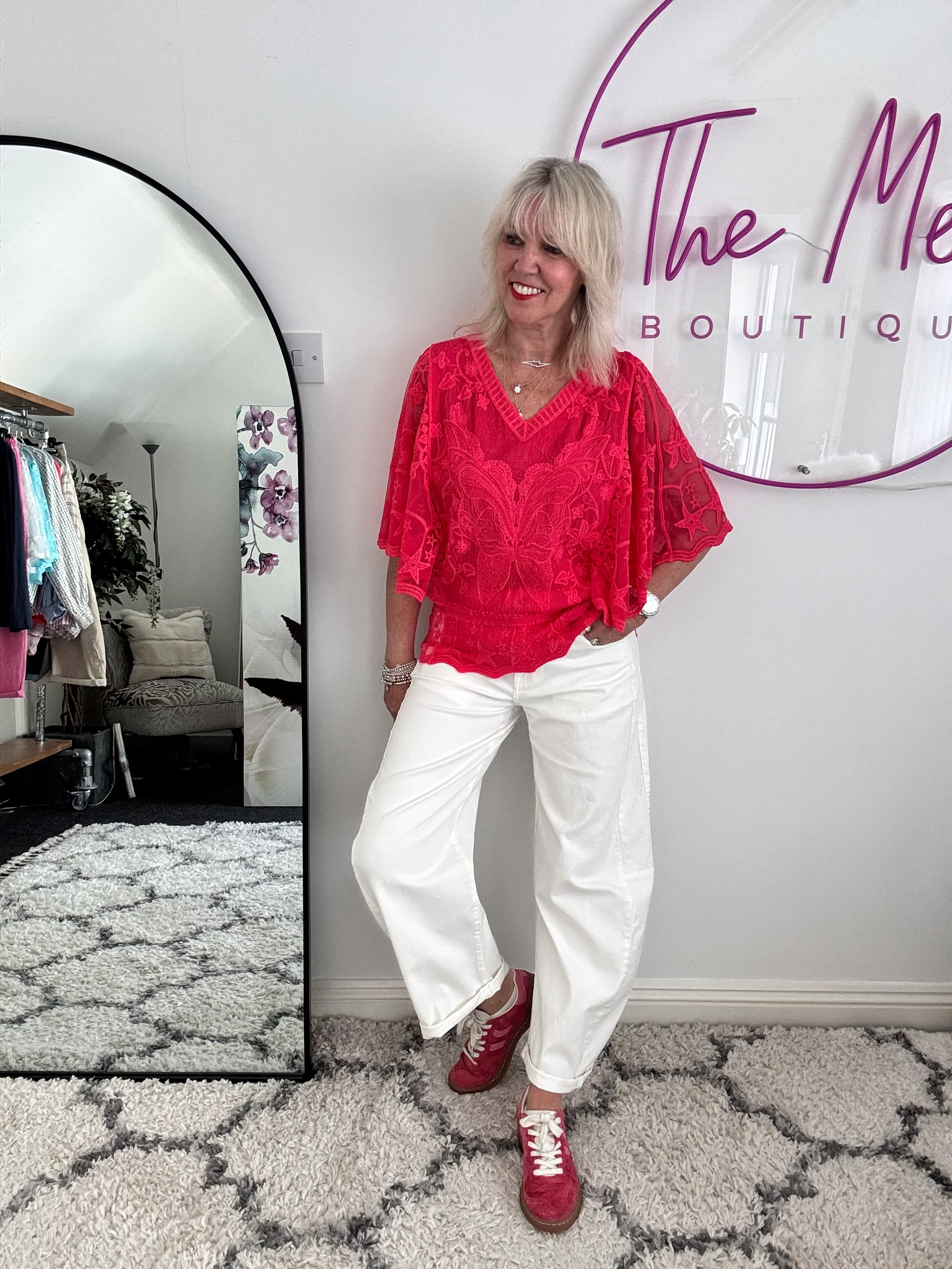 Lace Butterfly & Star Top in Coral Red - Image 3