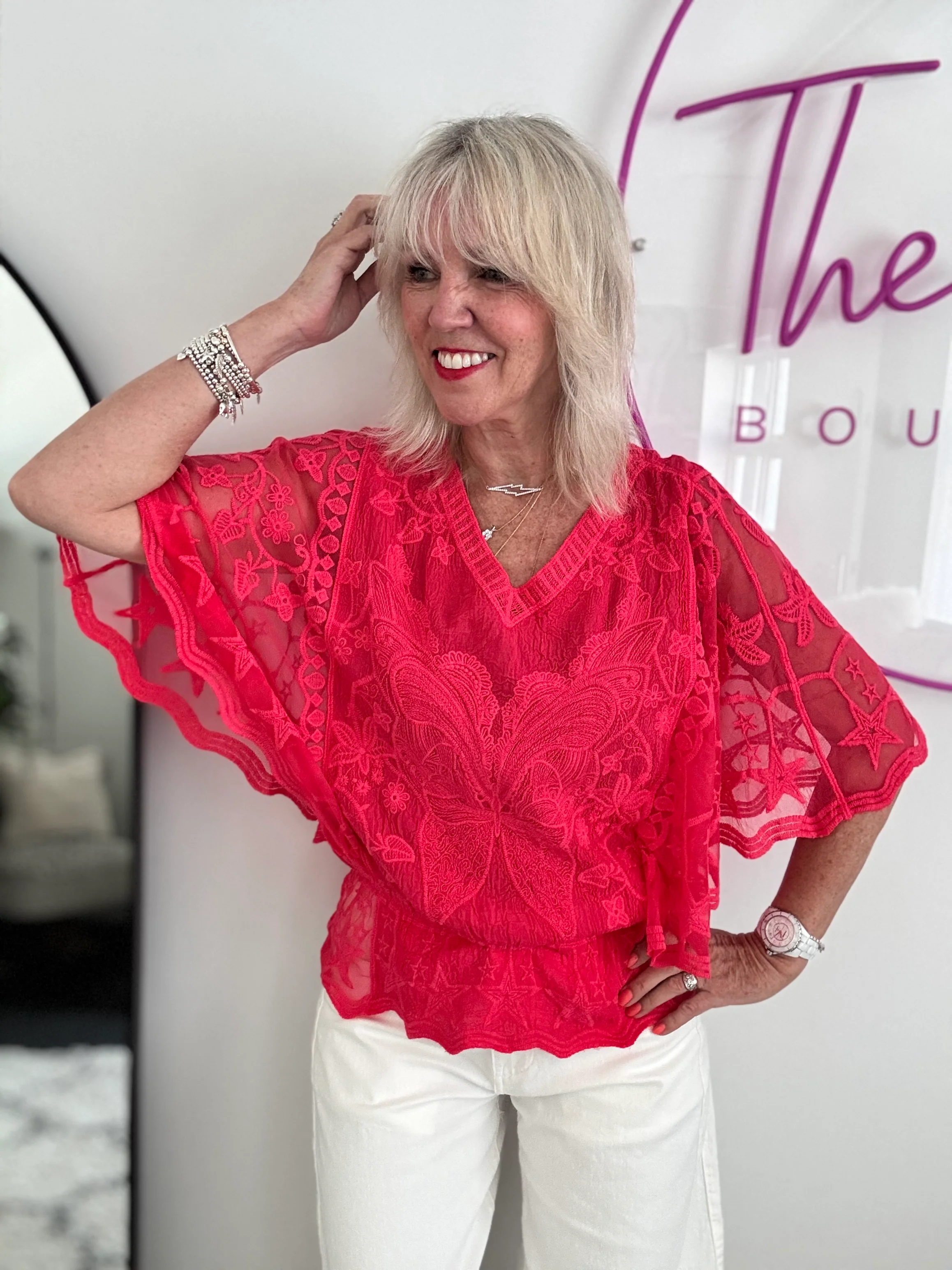 Lace Butterfly & Star Top in Coral Red - Image 4
