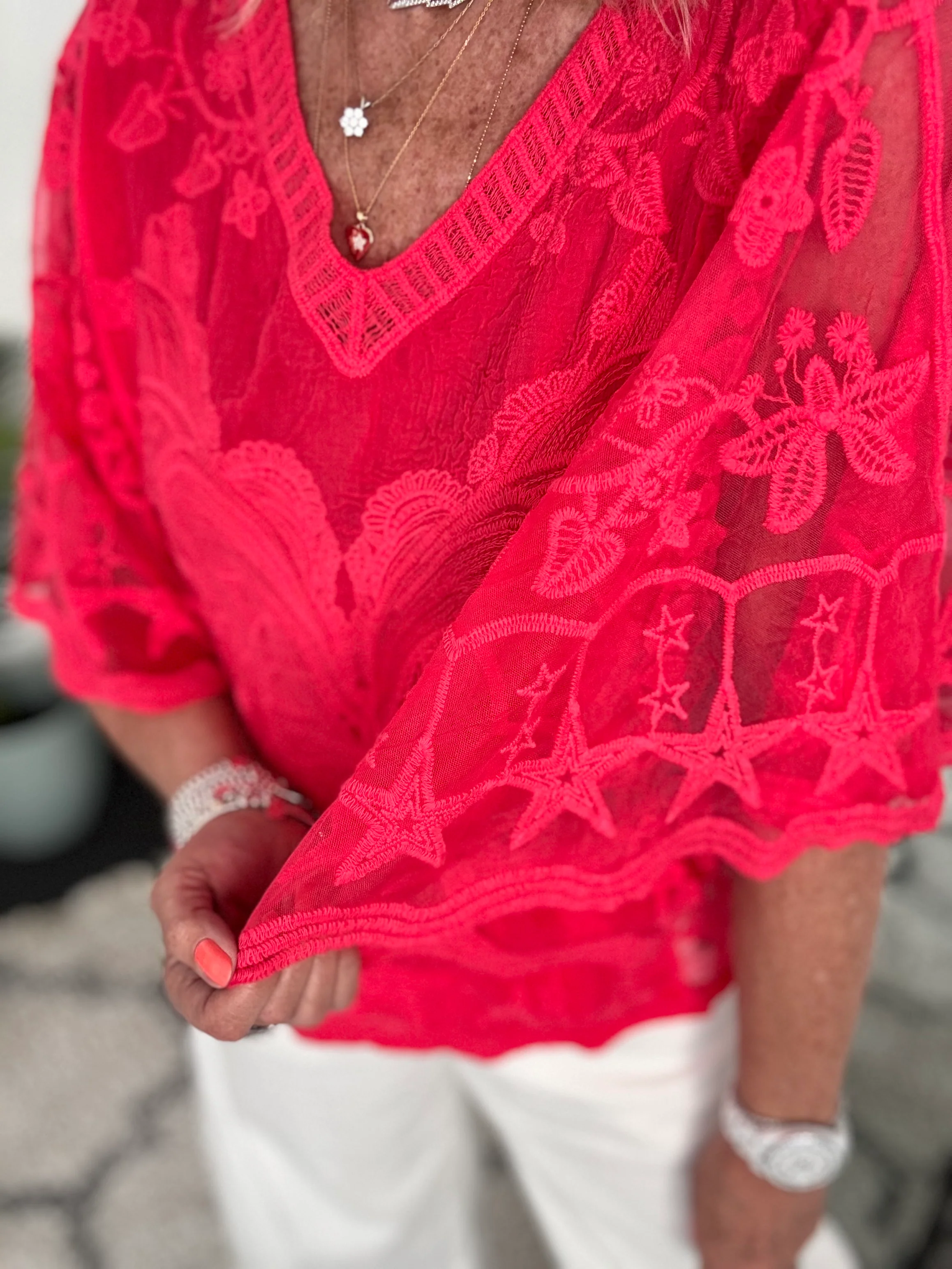 Lace Butterfly & Star Top in Coral Red - Image 5