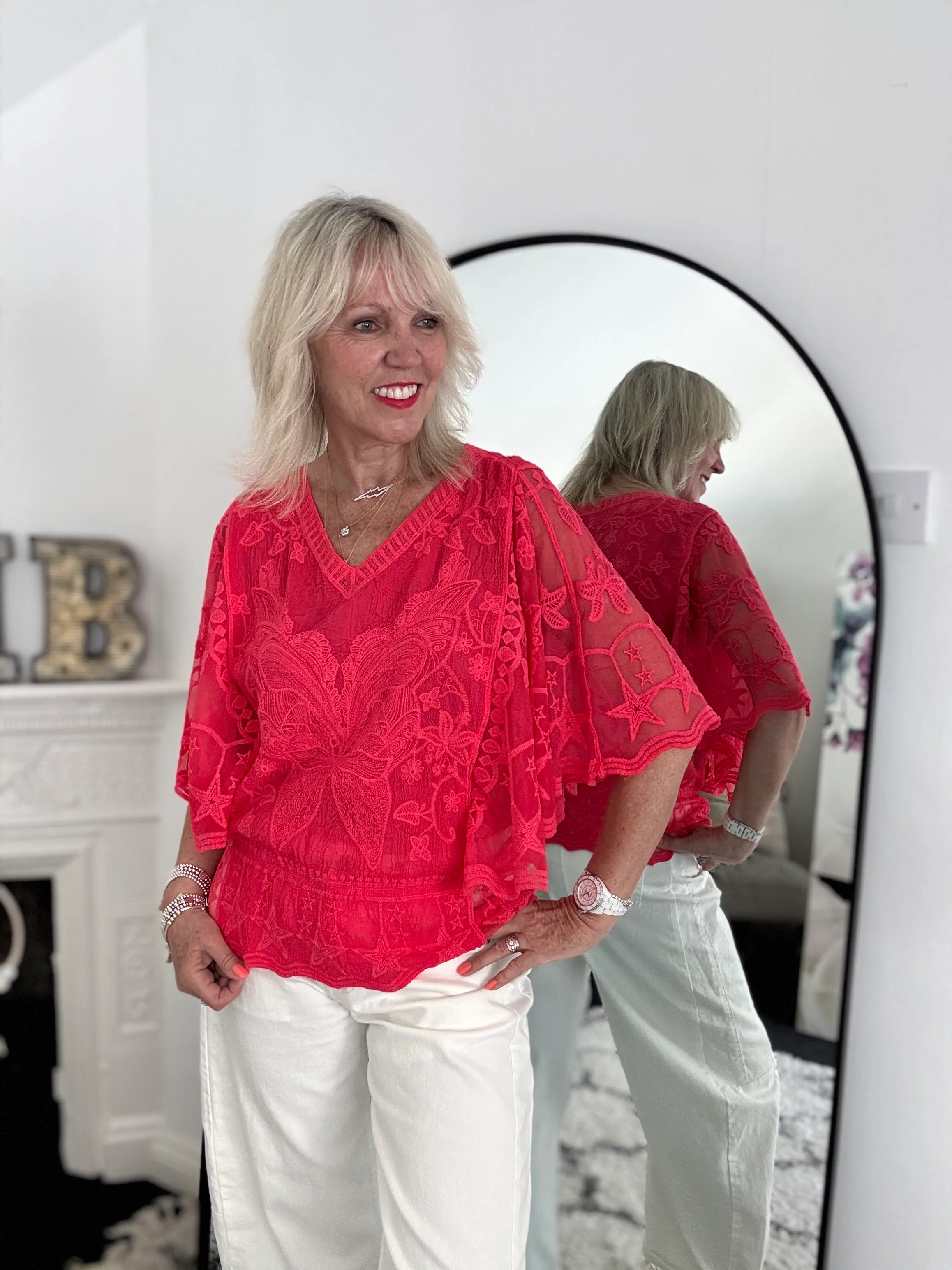 Lace Butterfly & Star Top in Coral Red - Image 6