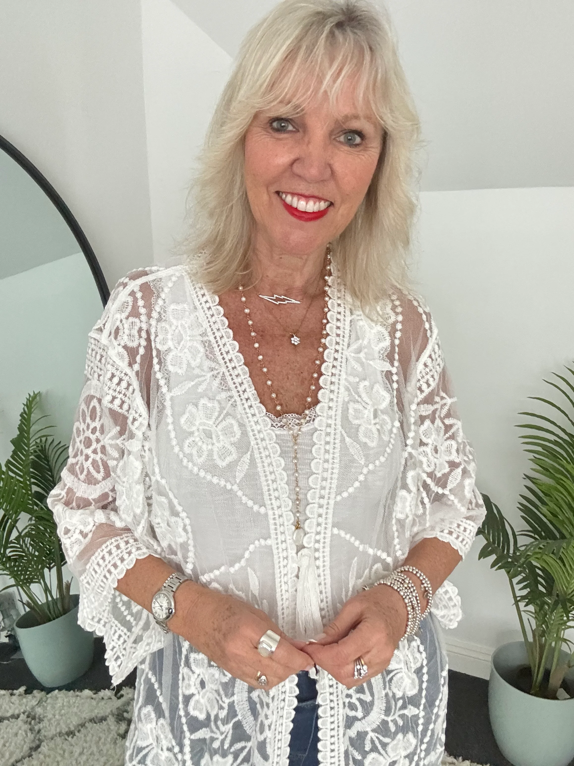 Lace Cotton Kimono in Ivory - Image 3