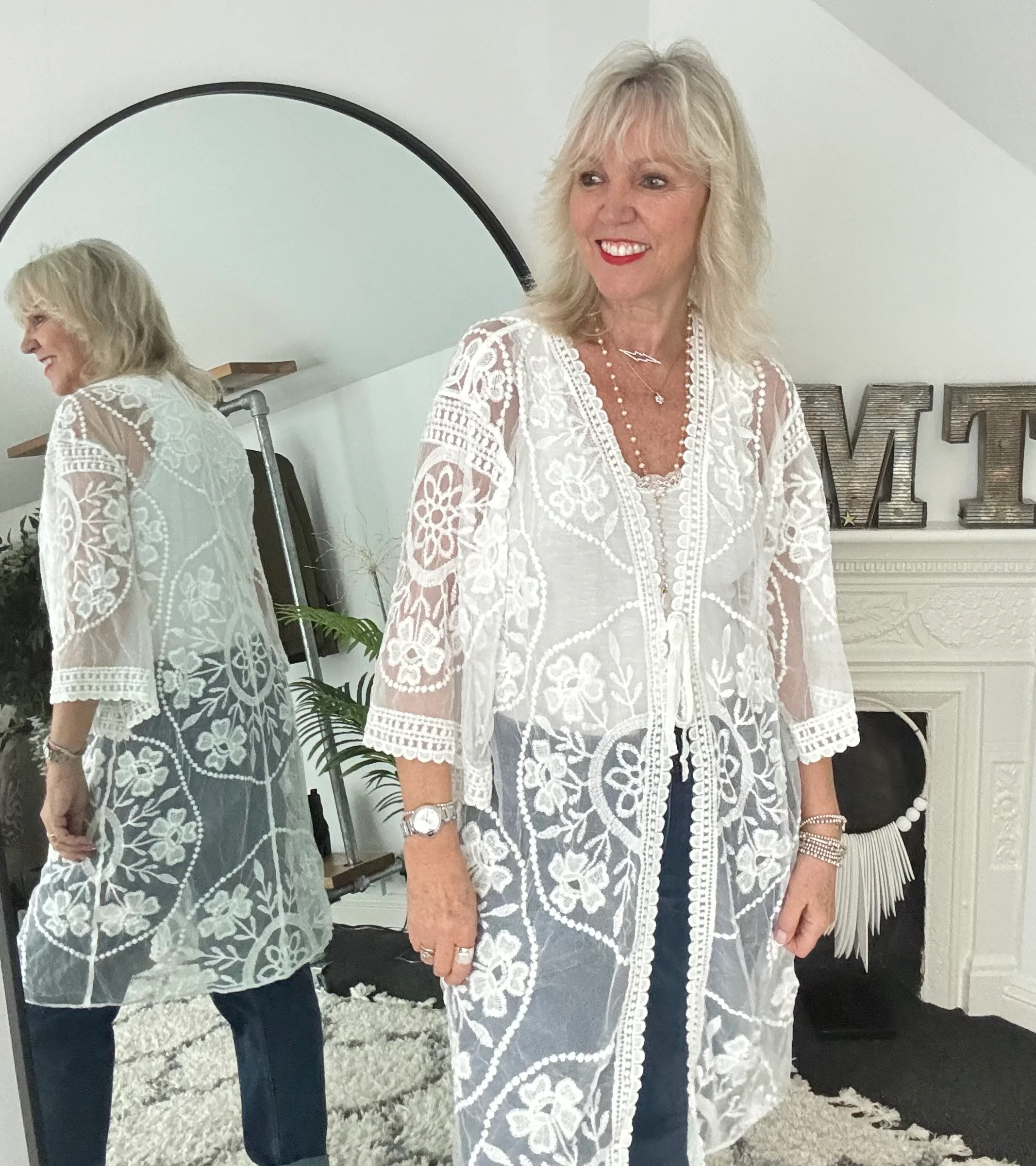 Lace Cotton Kimono in Ivory - Image 4