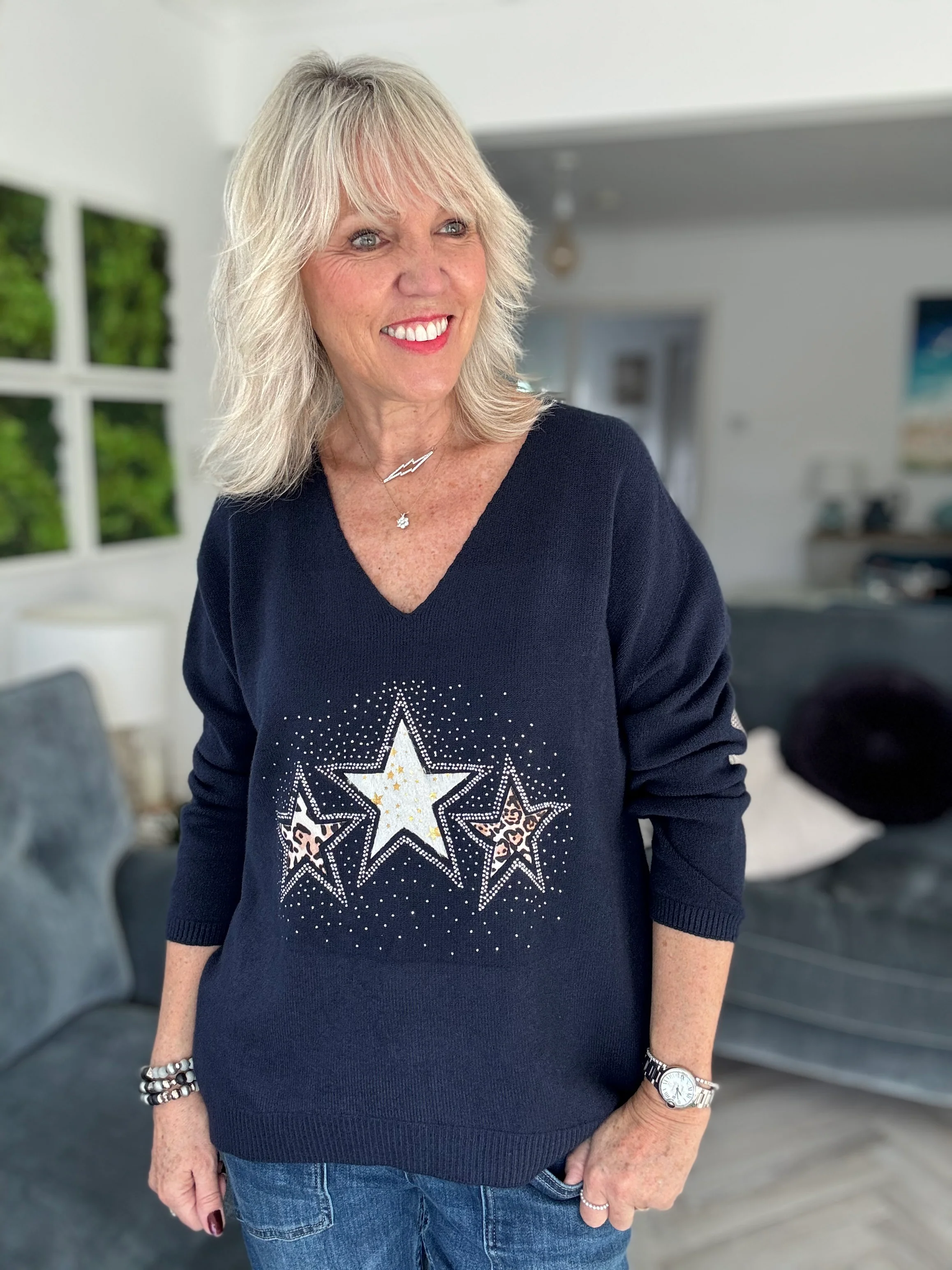Leopard Star Jumper in Navy