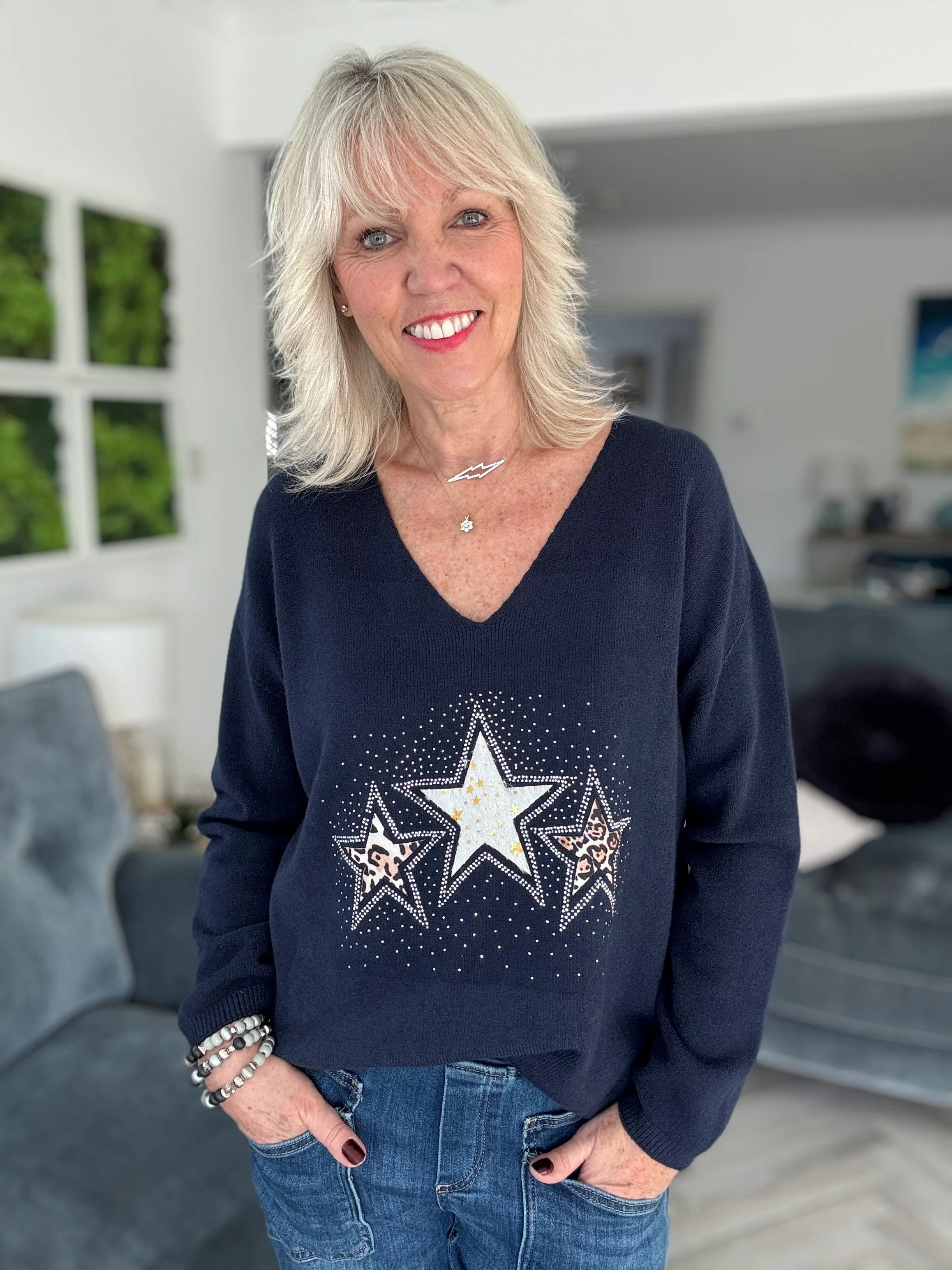 Leopard Star Jumper in Navy - Image 3