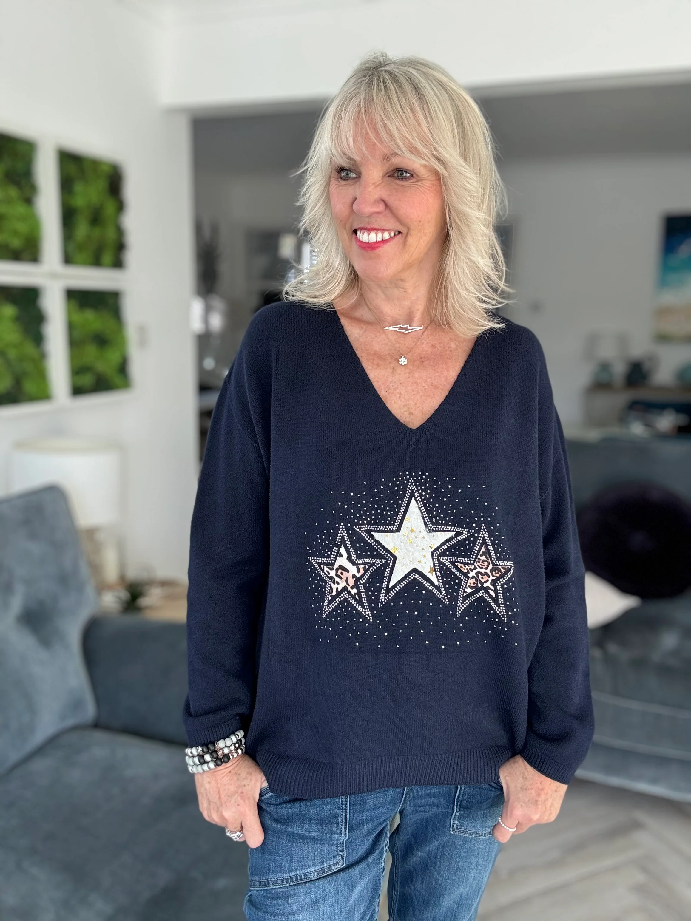 Leopard Star Jumper in Navy - Image 4