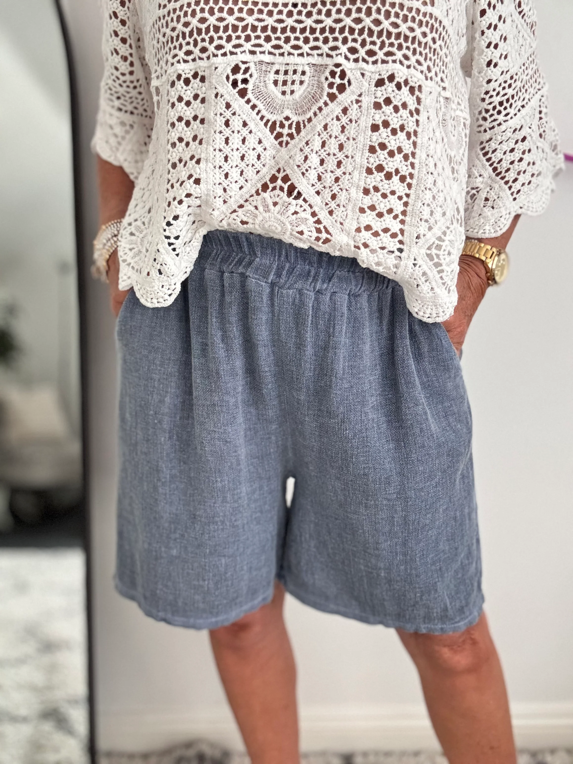 Linen & Cotton Shorts in Denim Blue - Image 4