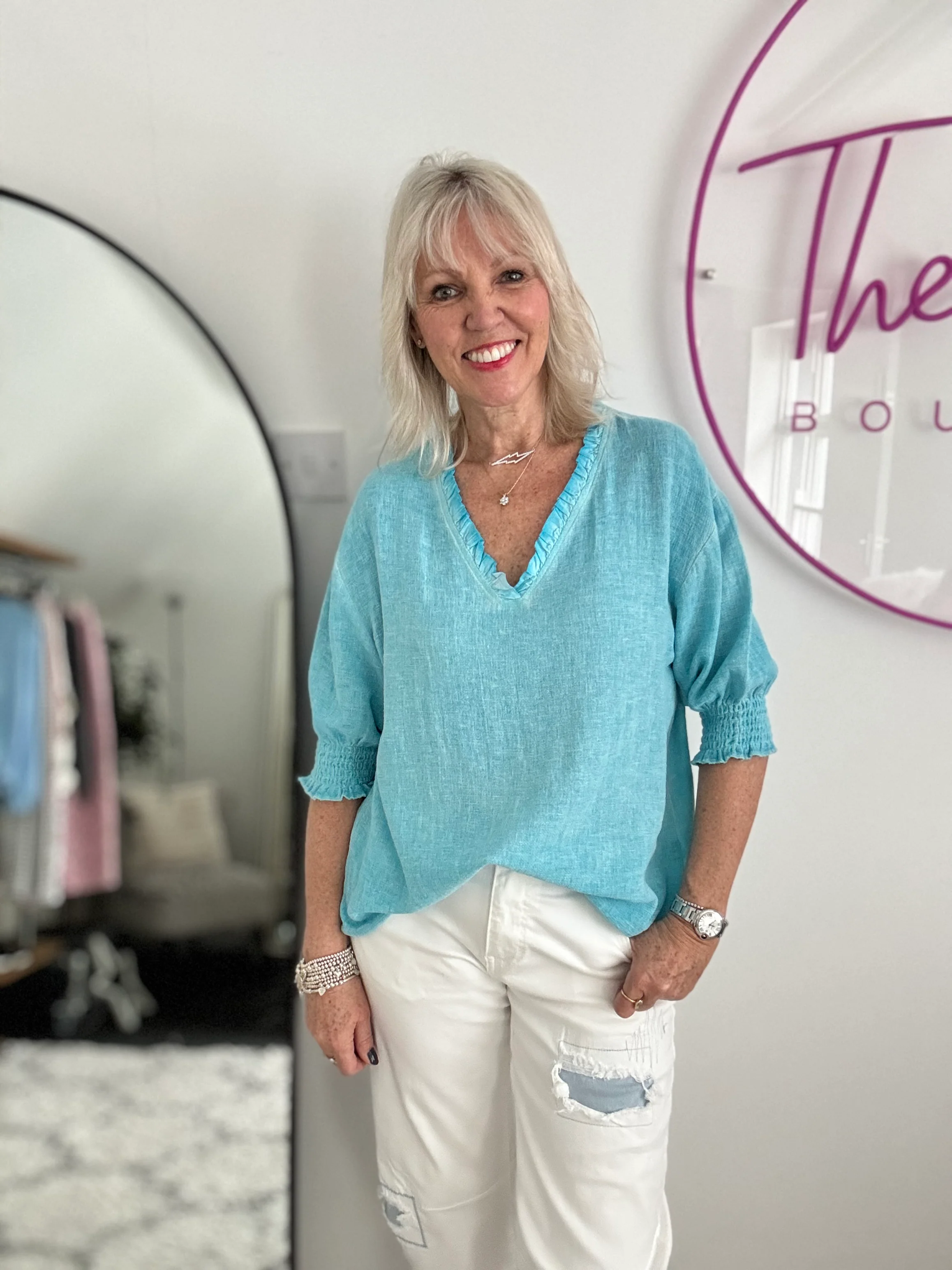 Linen & Cotton Top in Aqua