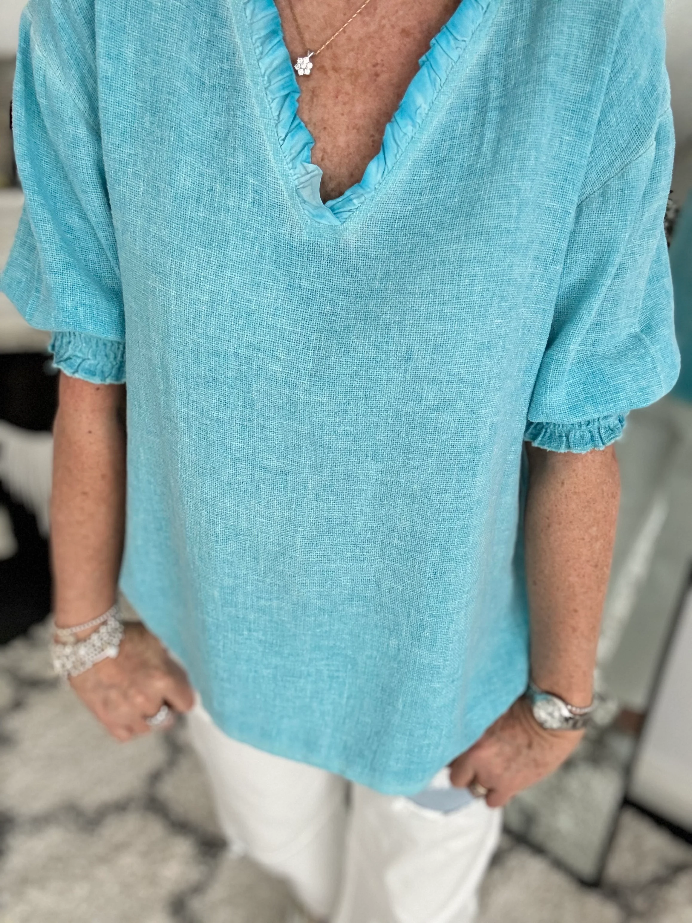 Linen & Cotton Top in Aqua - Image 2