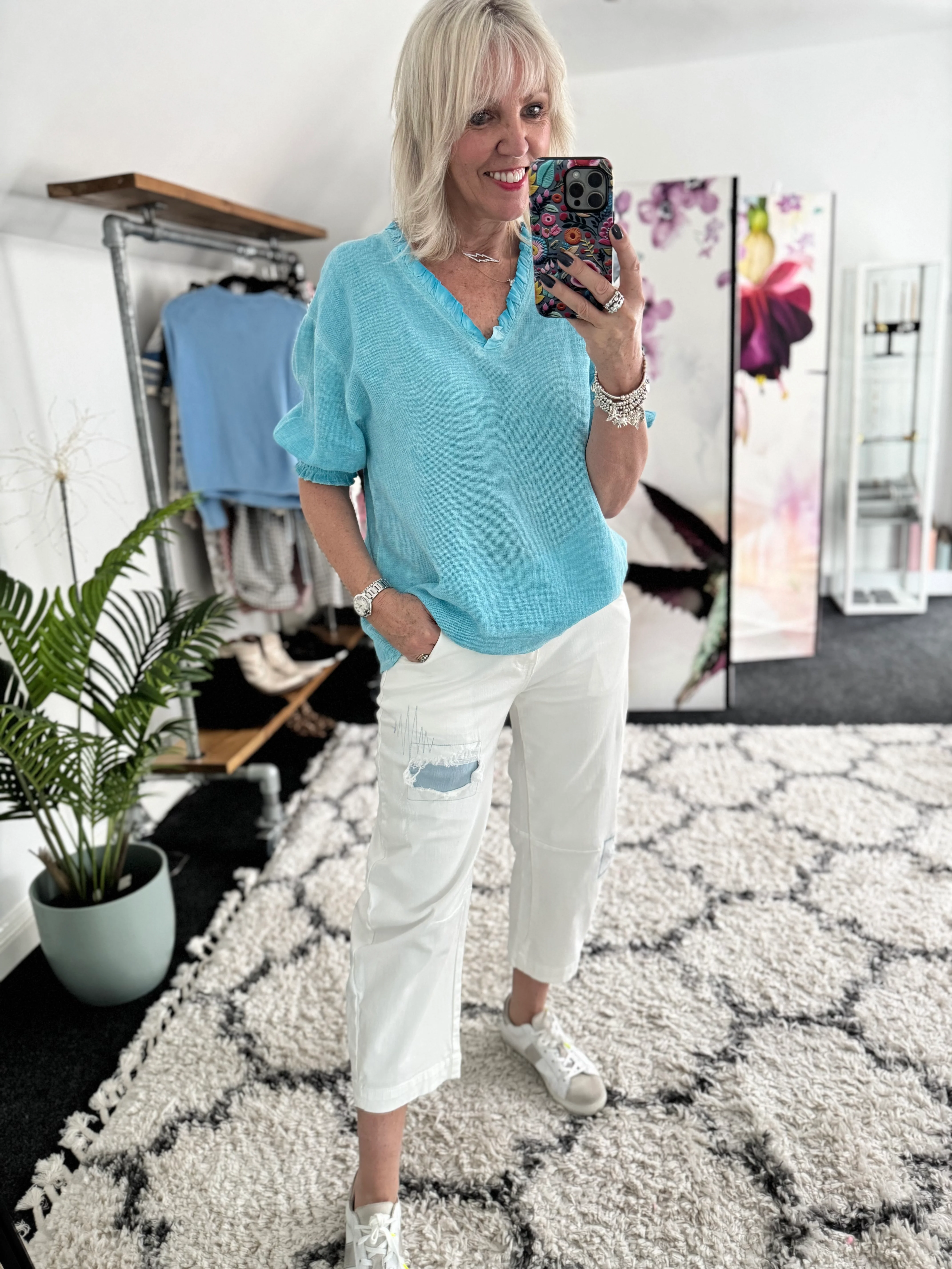 Linen & Cotton Top in Aqua - Image 3
