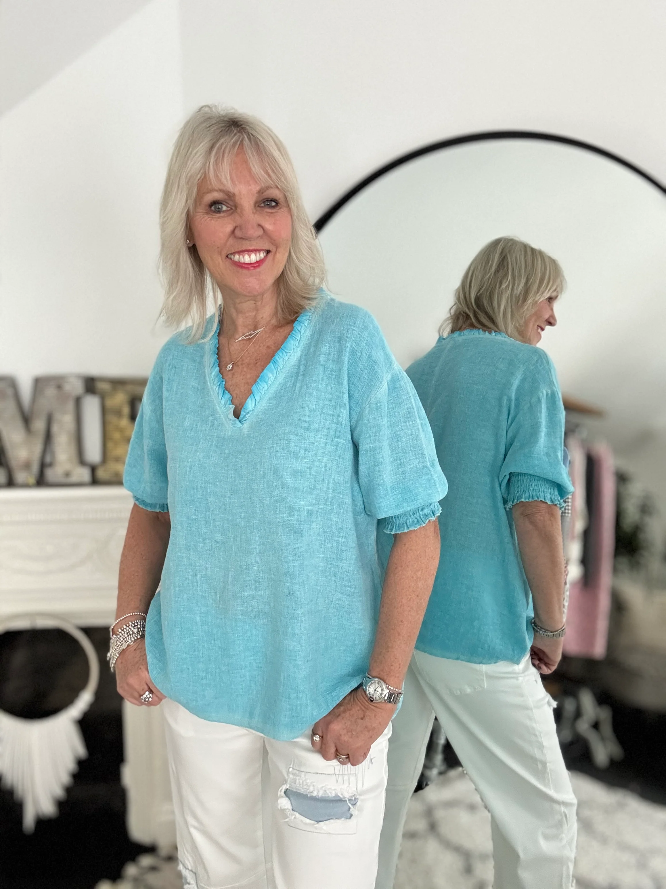 Linen & Cotton Top in Aqua - Image 4