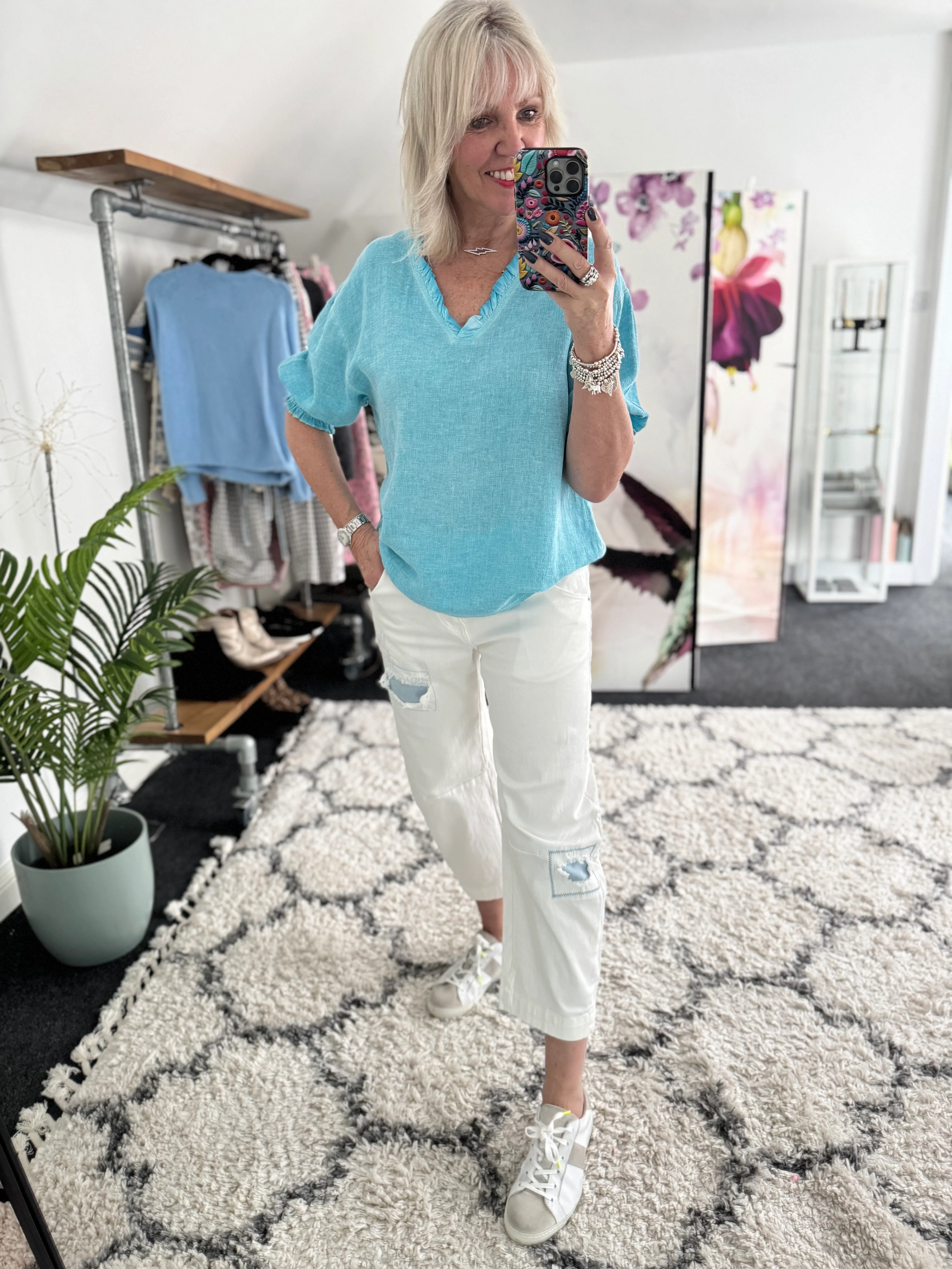 Linen & Cotton Top in Aqua - Image 5