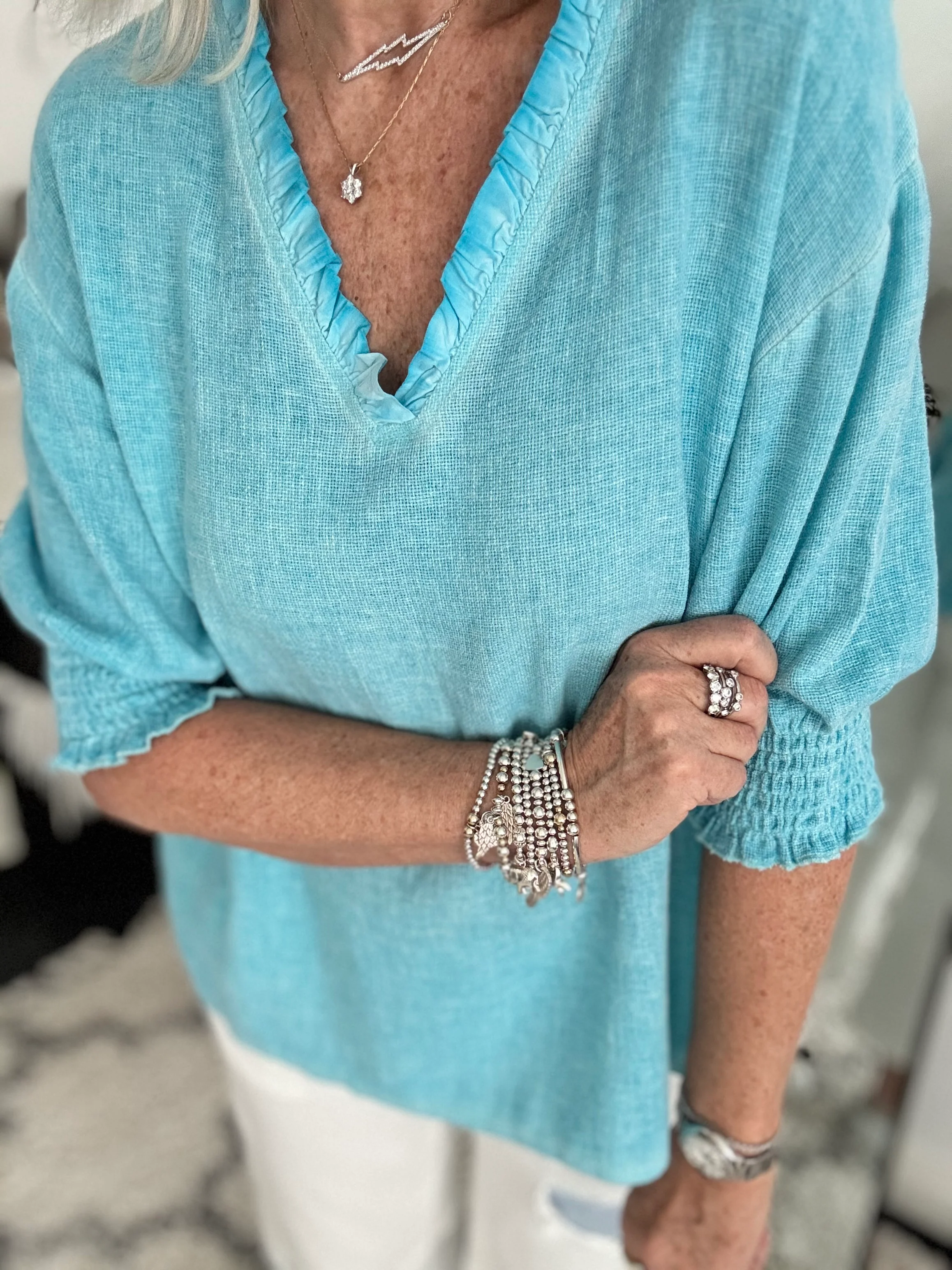 Linen & Cotton Top in Aqua - Image 6