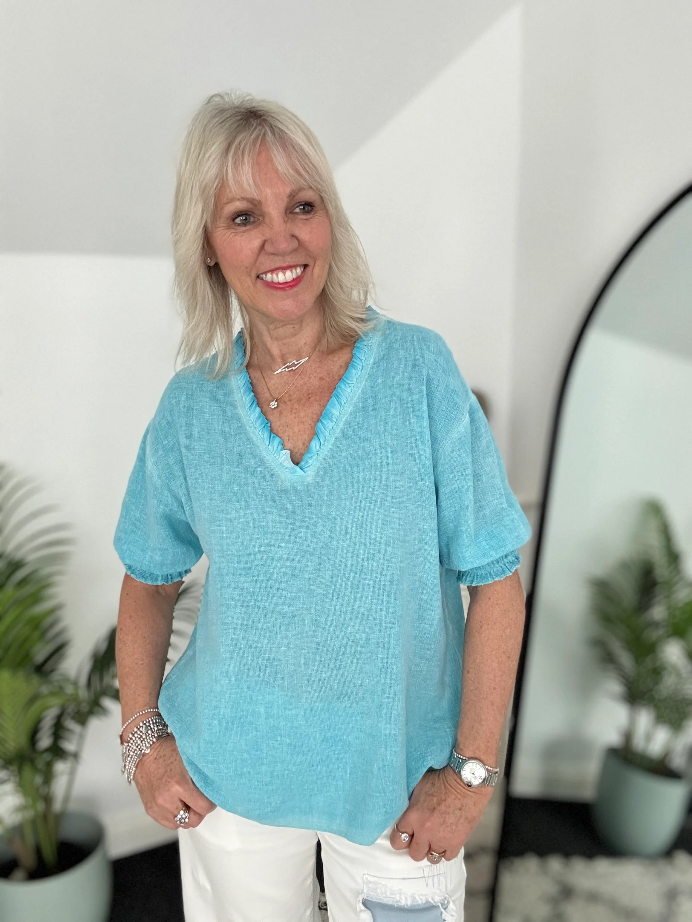 Linen & Cotton Top in Aqua - Image 7
