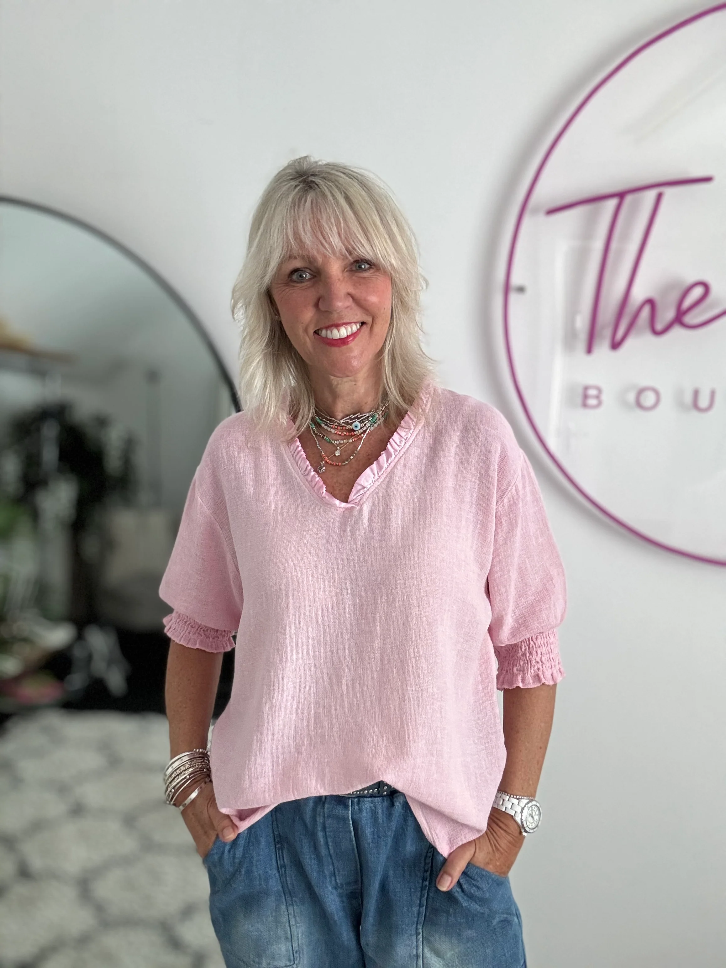 Linen & Cotton Top in Baby Pink