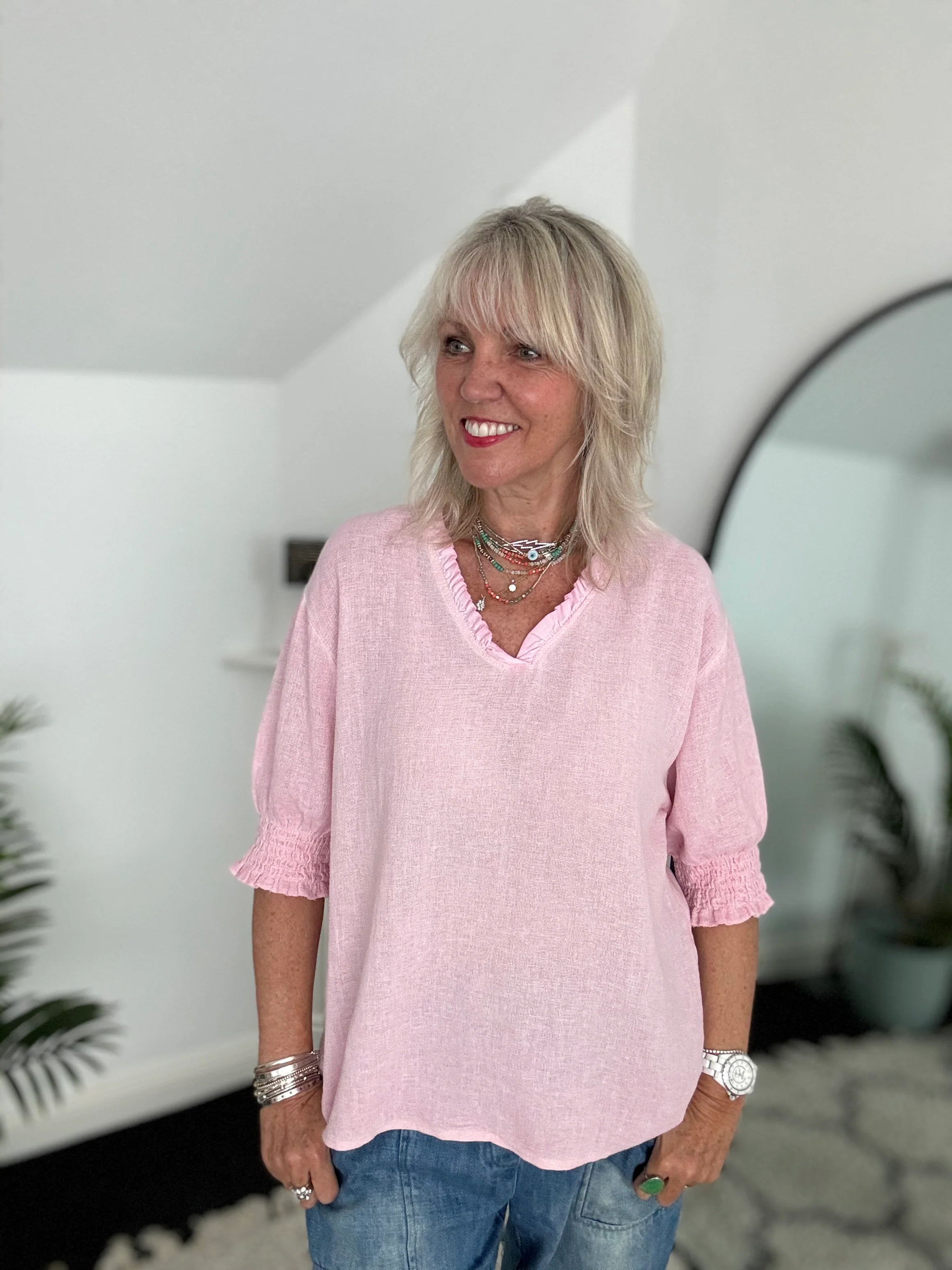 Linen & Cotton Top in Baby Pink - Image 4