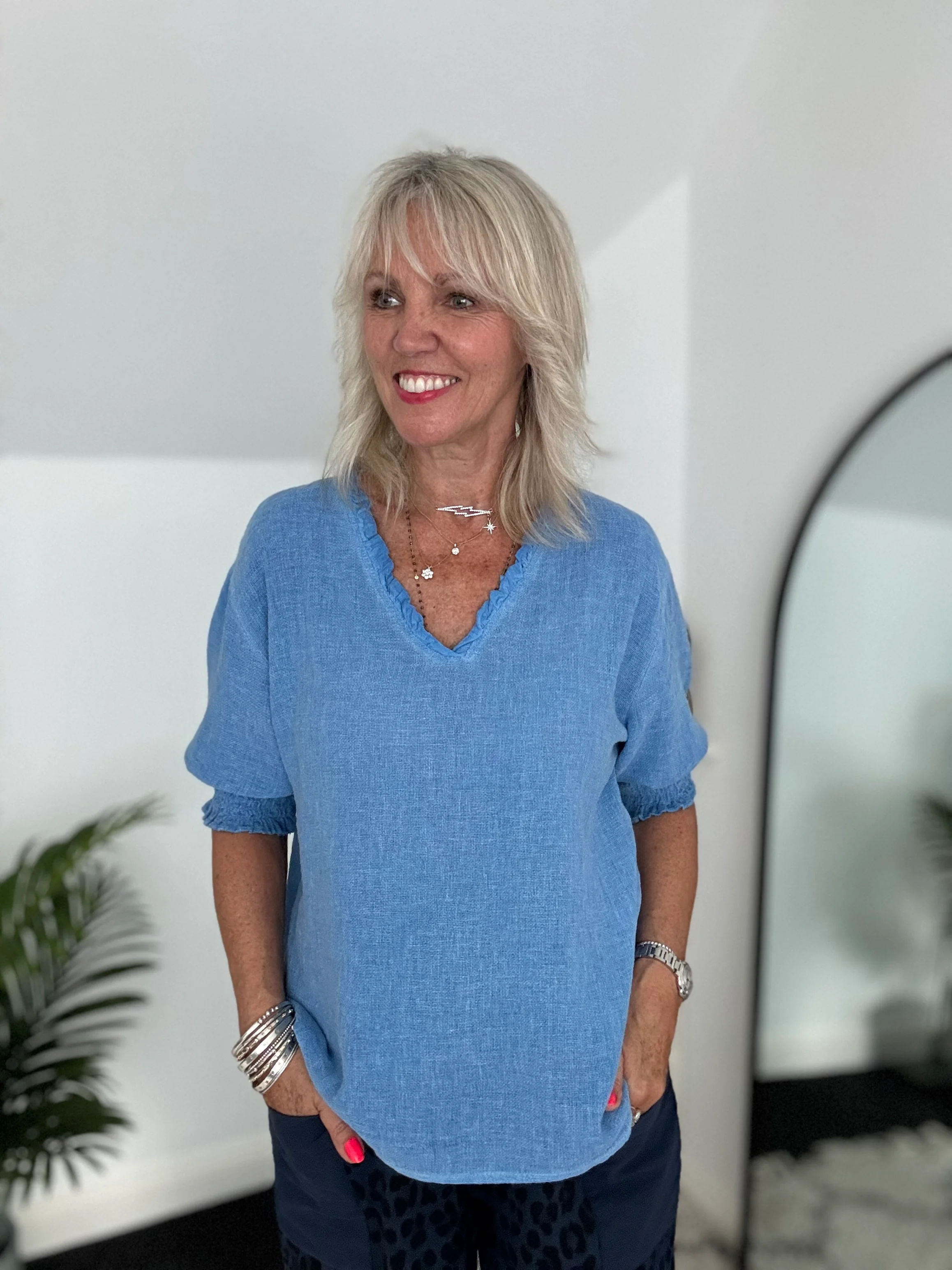 Linen & Cotton Top in Sky Blue - Image 3