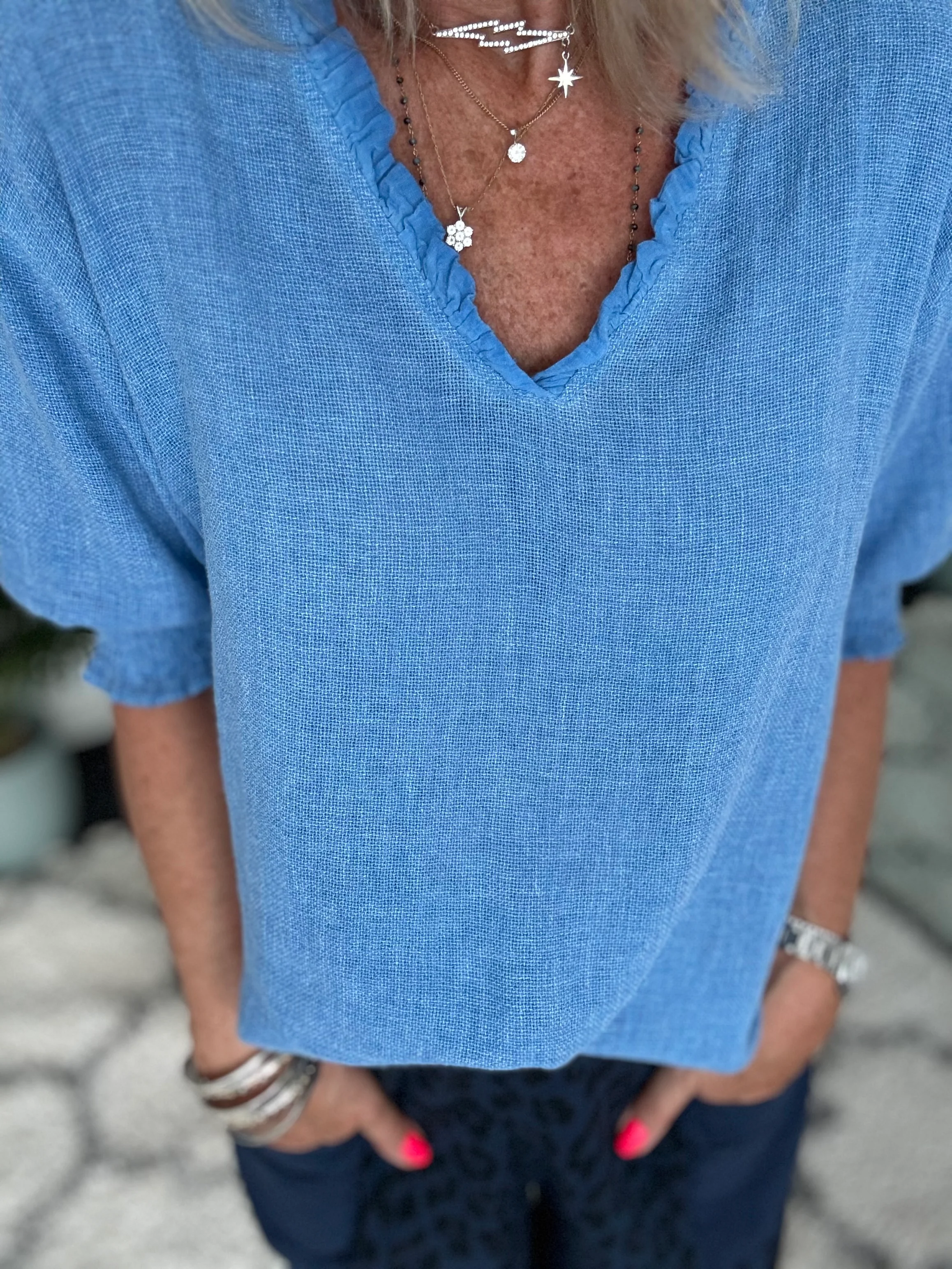 Linen & Cotton Top in Sky Blue - Image 4
